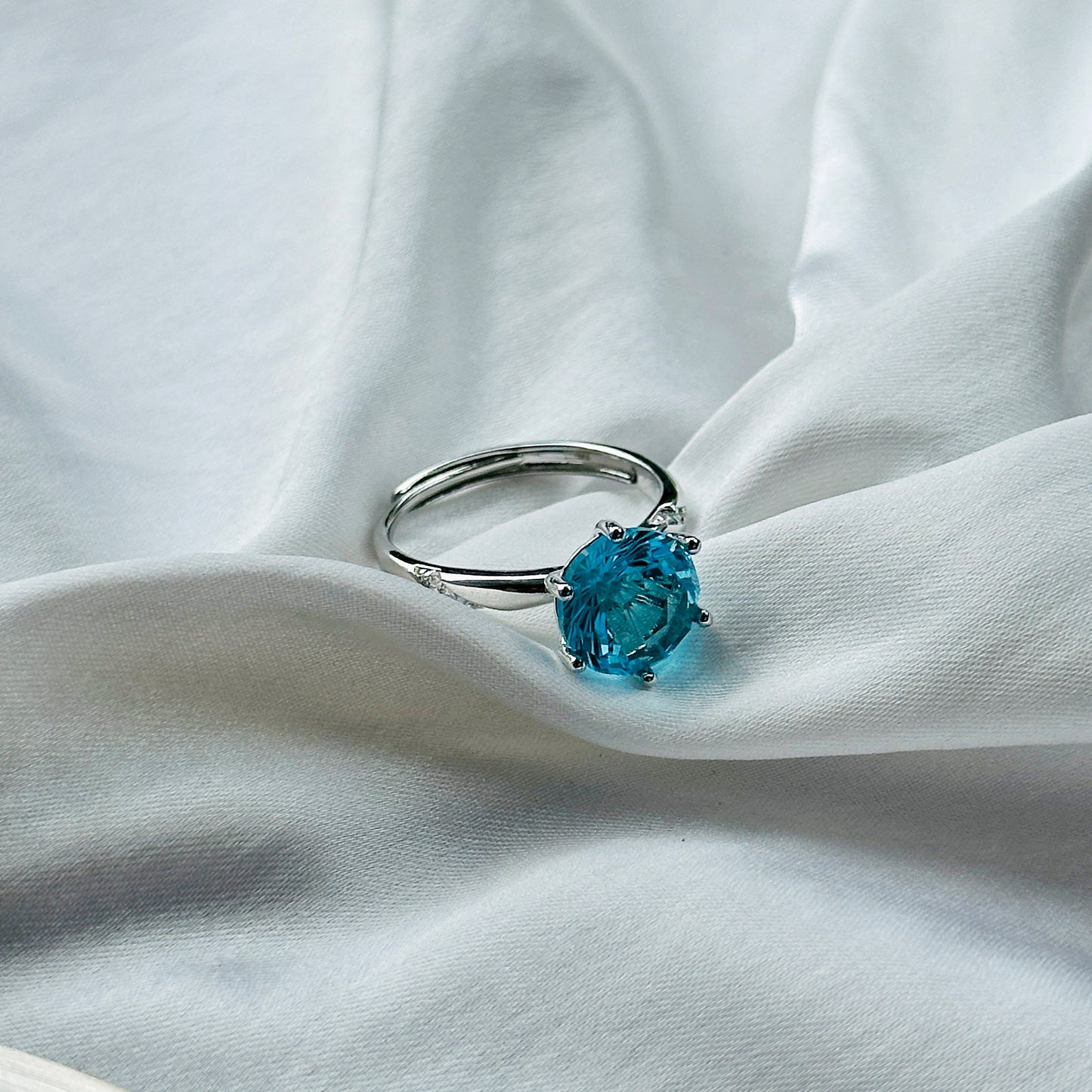 Aqua Blue Sapphire Cubic Zircon Ice Cut American Diamond Silver Plated Adjustable Ring