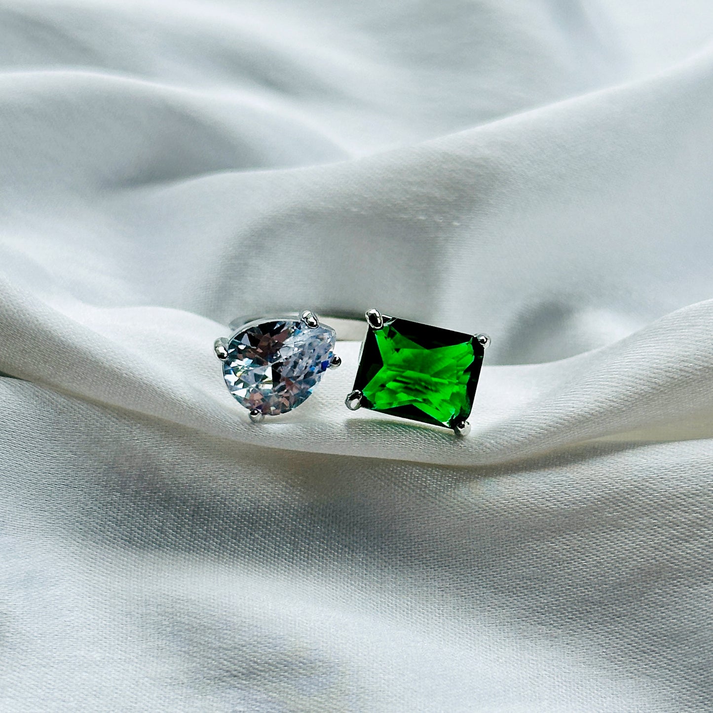 Green Emerald Cubic Zircon Ice Cut American Diamond Silver Plated Adjustable Ring