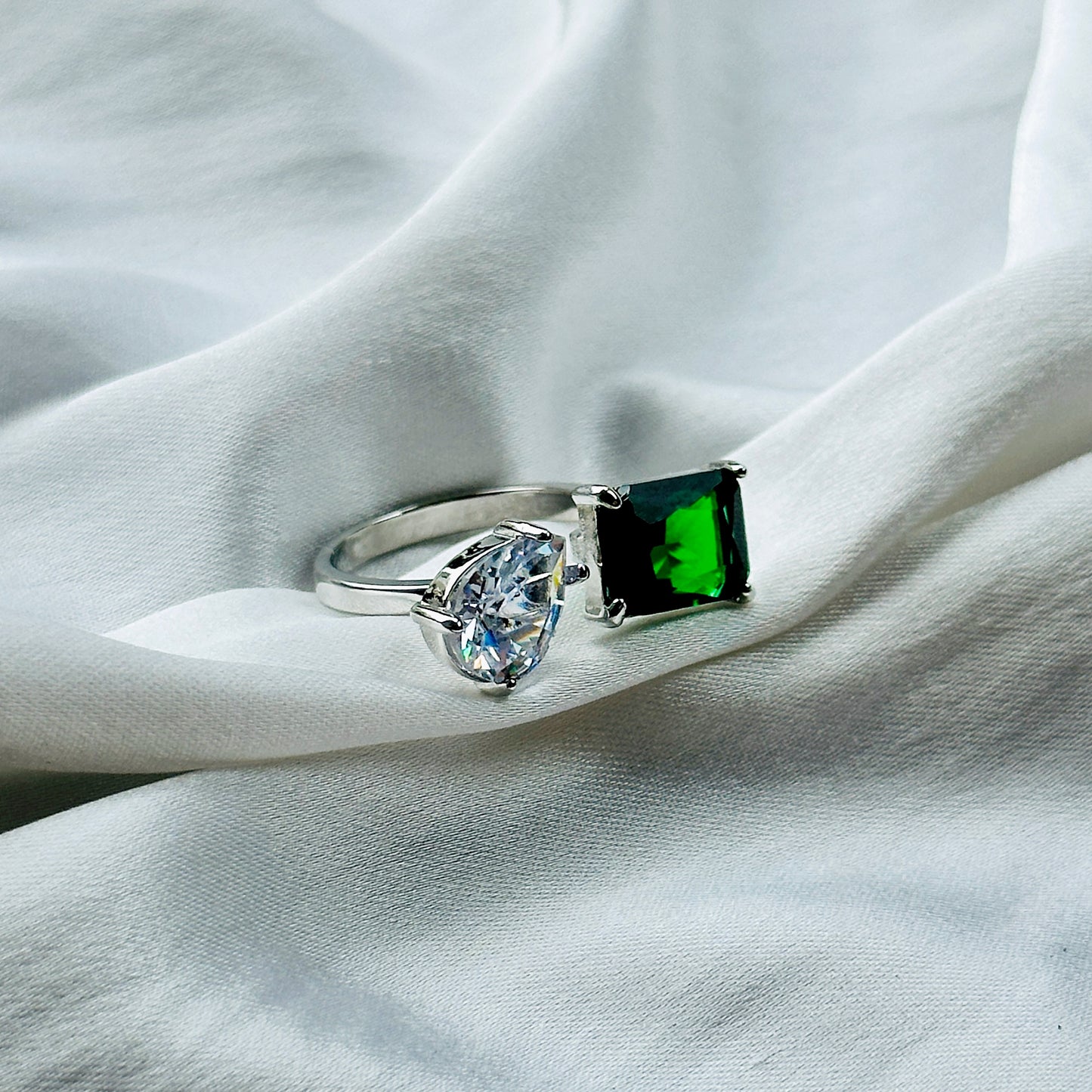 Green Emerald Cubic Zircon Ice Cut American Diamond Silver Plated Adjustable Ring