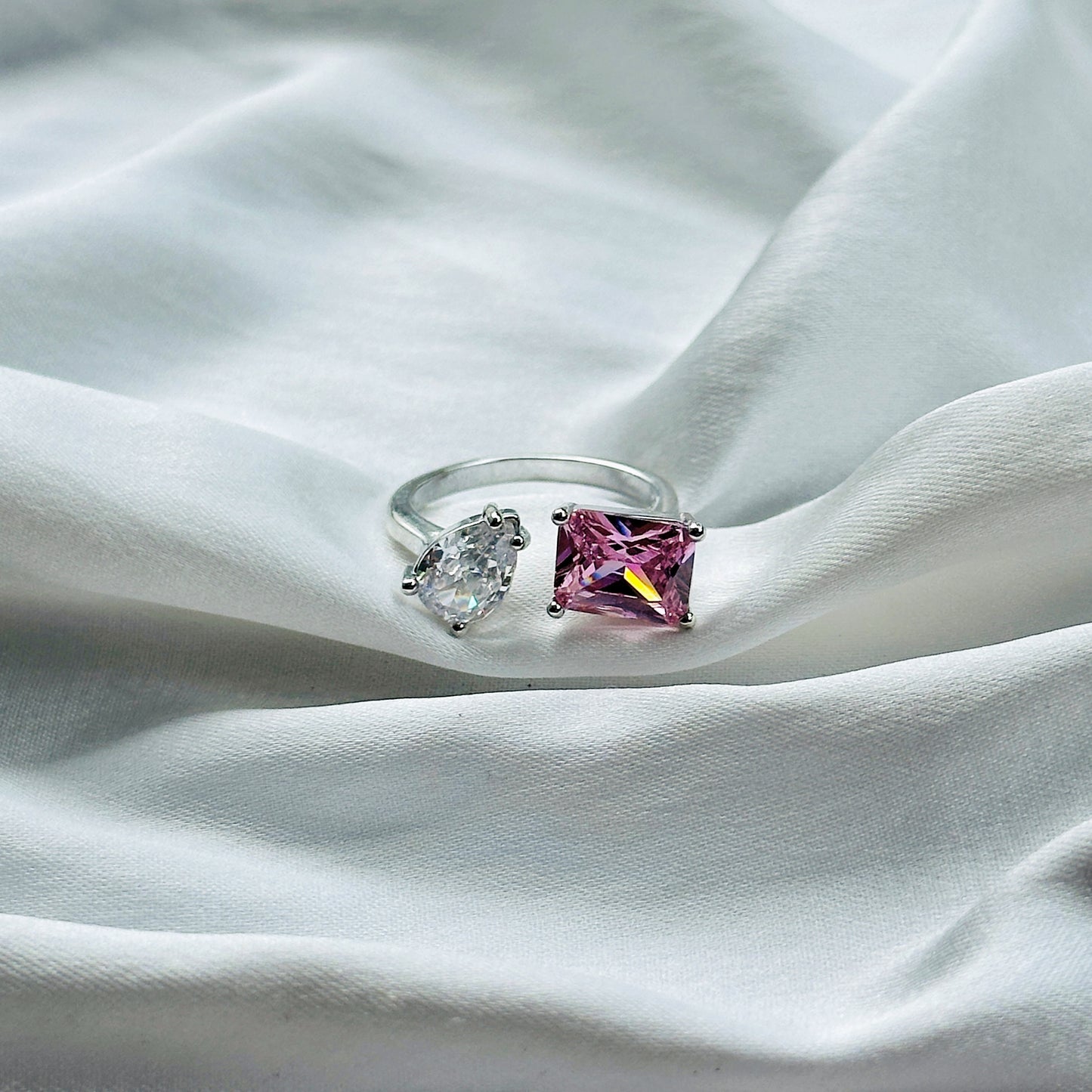 Pink Topaz Cubic Zircon Ice Cut American Diamond Silver Plated Adjustable Ring