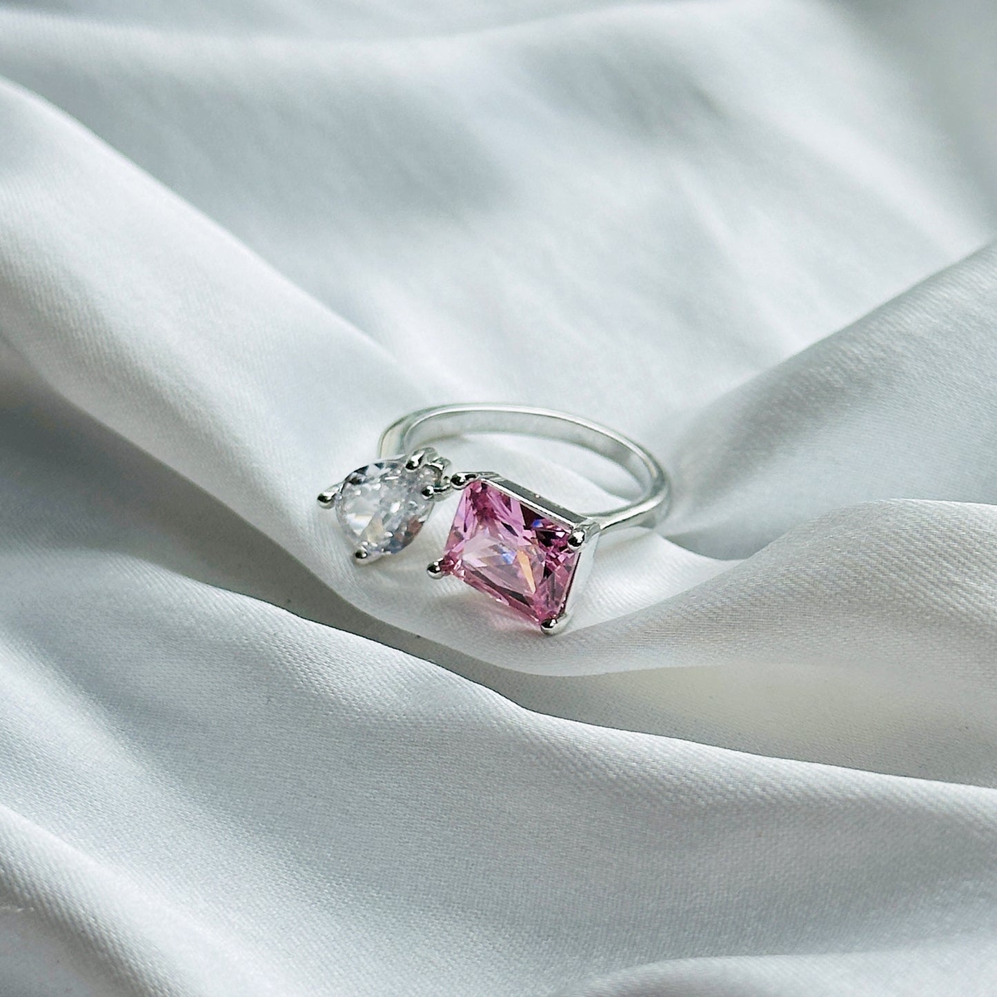 Pink Topaz Cubic Zircon Ice Cut American Diamond Silver Plated Adjustable Ring