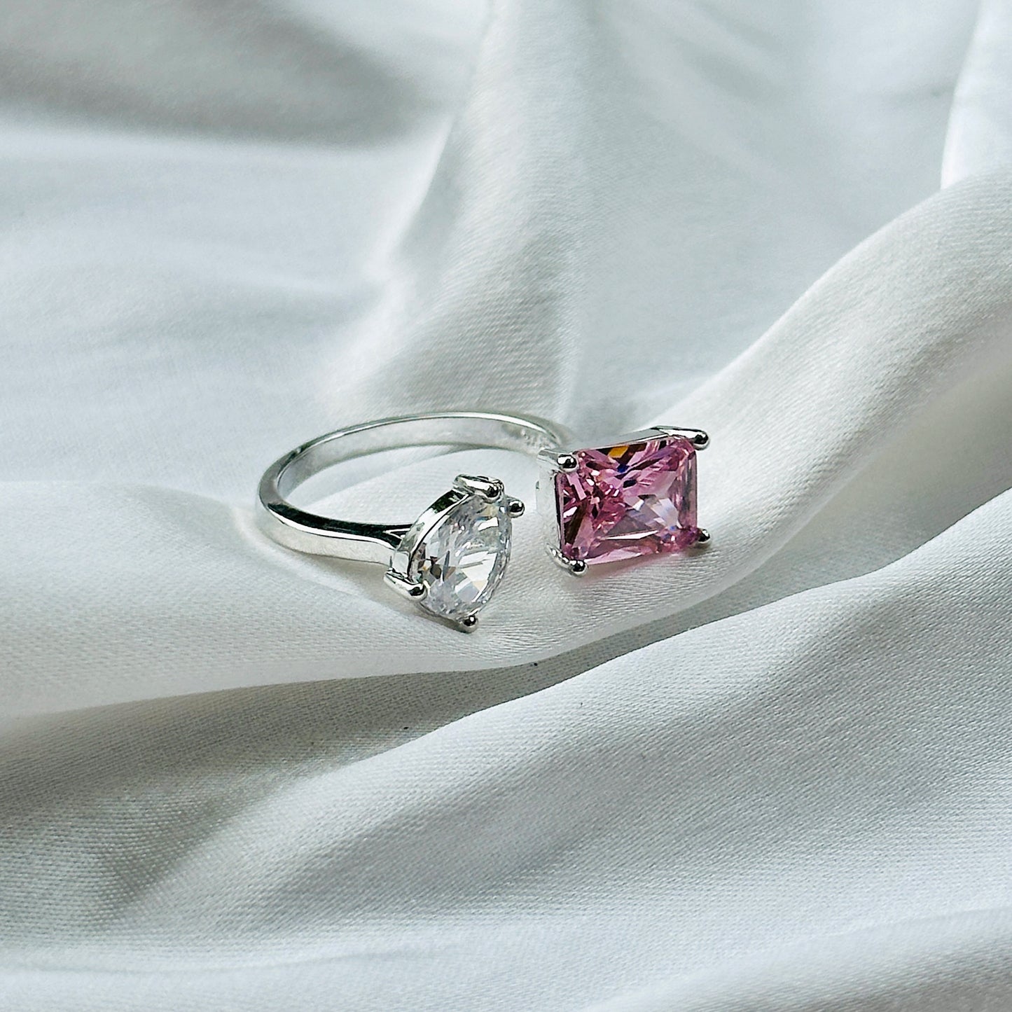 Pink Topaz Cubic Zircon Ice Cut American Diamond Silver Plated Adjustable Ring