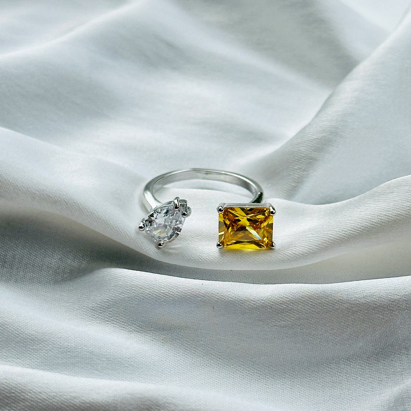 Yellow Topaz Cubic Zircon Ice Cut American Diamond Silver Plated Adjustable Ring