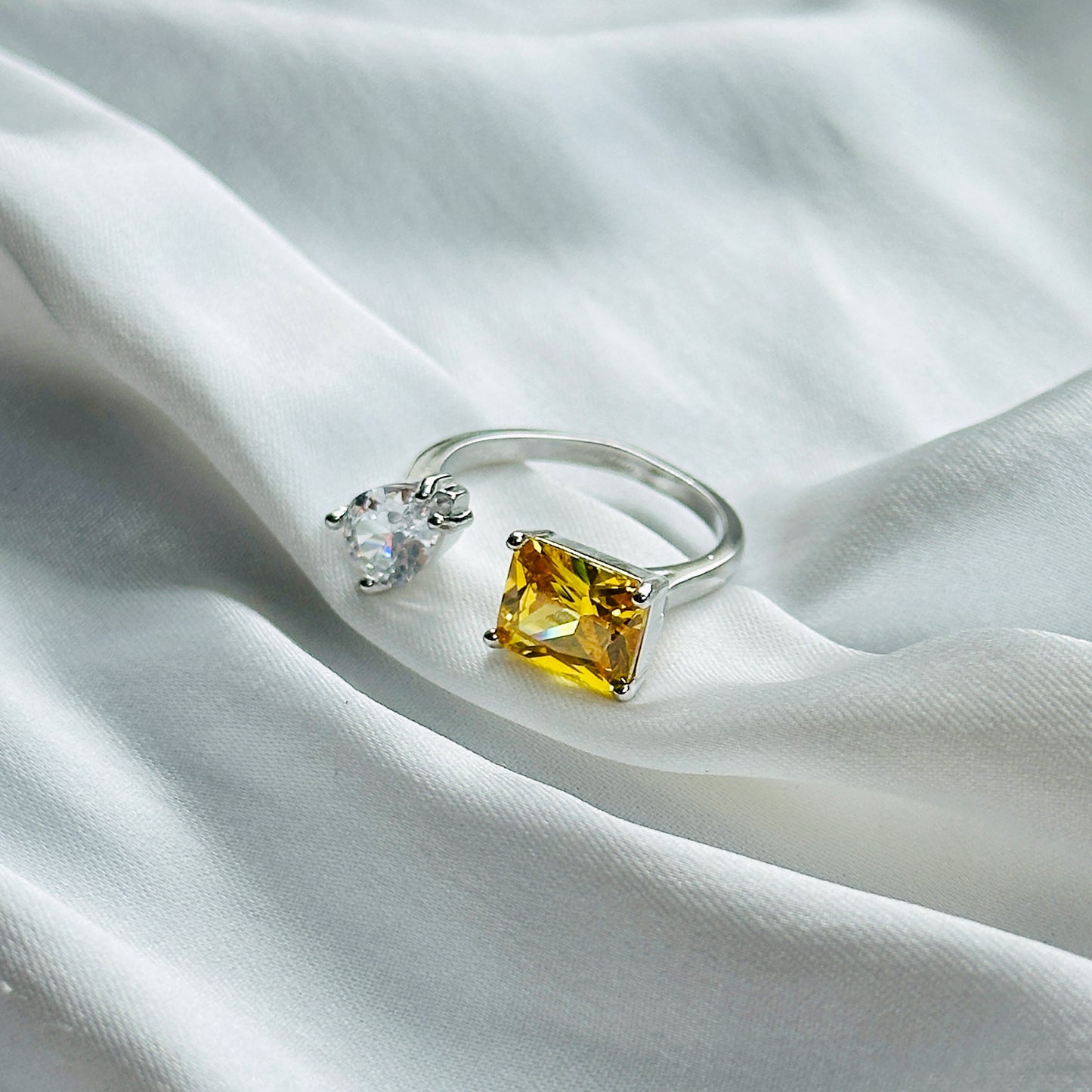 Yellow Topaz Cubic Zircon Ice Cut American Diamond Silver Plated Adjustable Ring