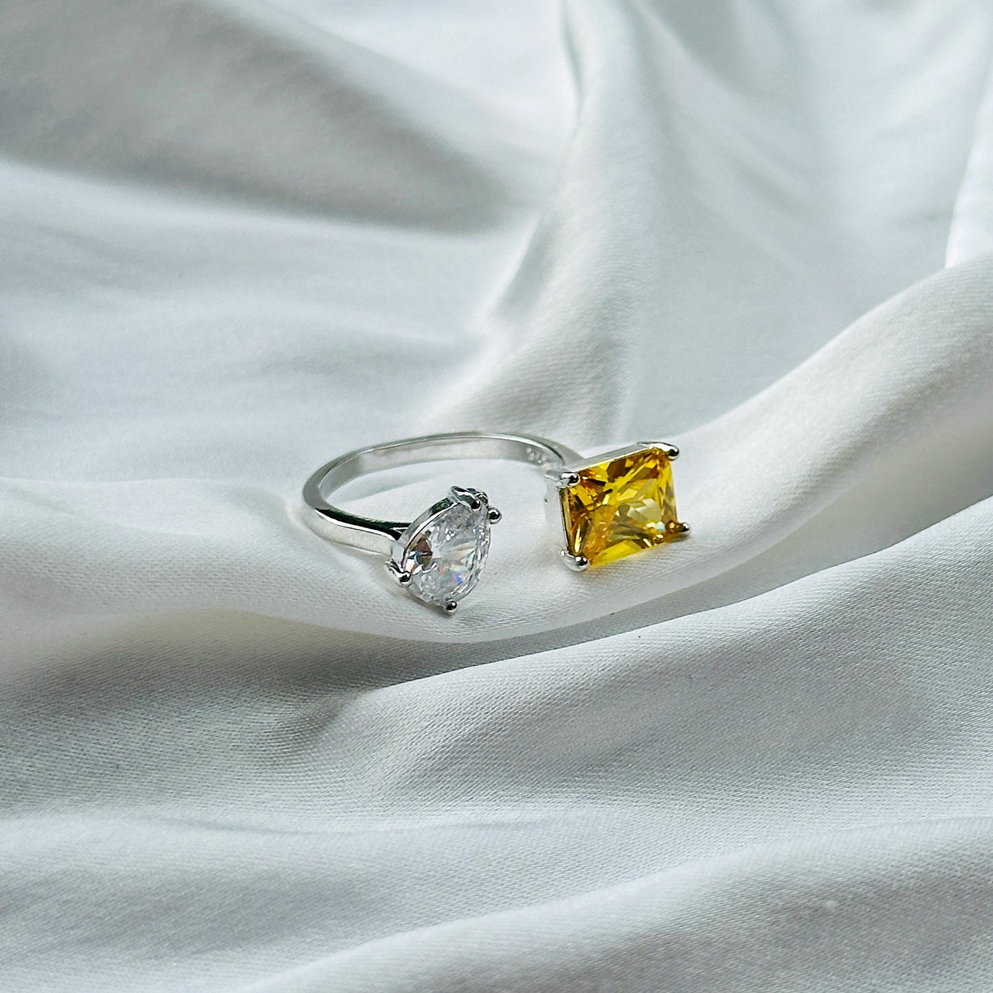 Yellow Topaz Cubic Zirconia American Diamond Silver Plated Adjustable Ring