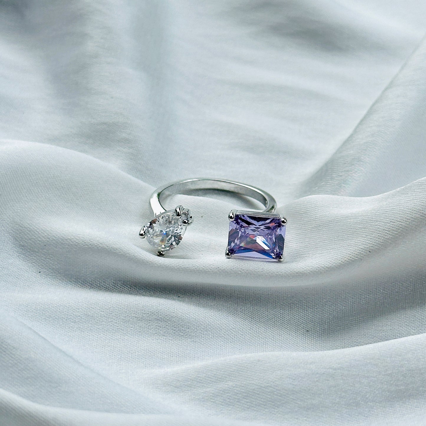 Light Amethyst Cubic Zircon Ice Cut American Diamond Silver Plated Adjustable Ring