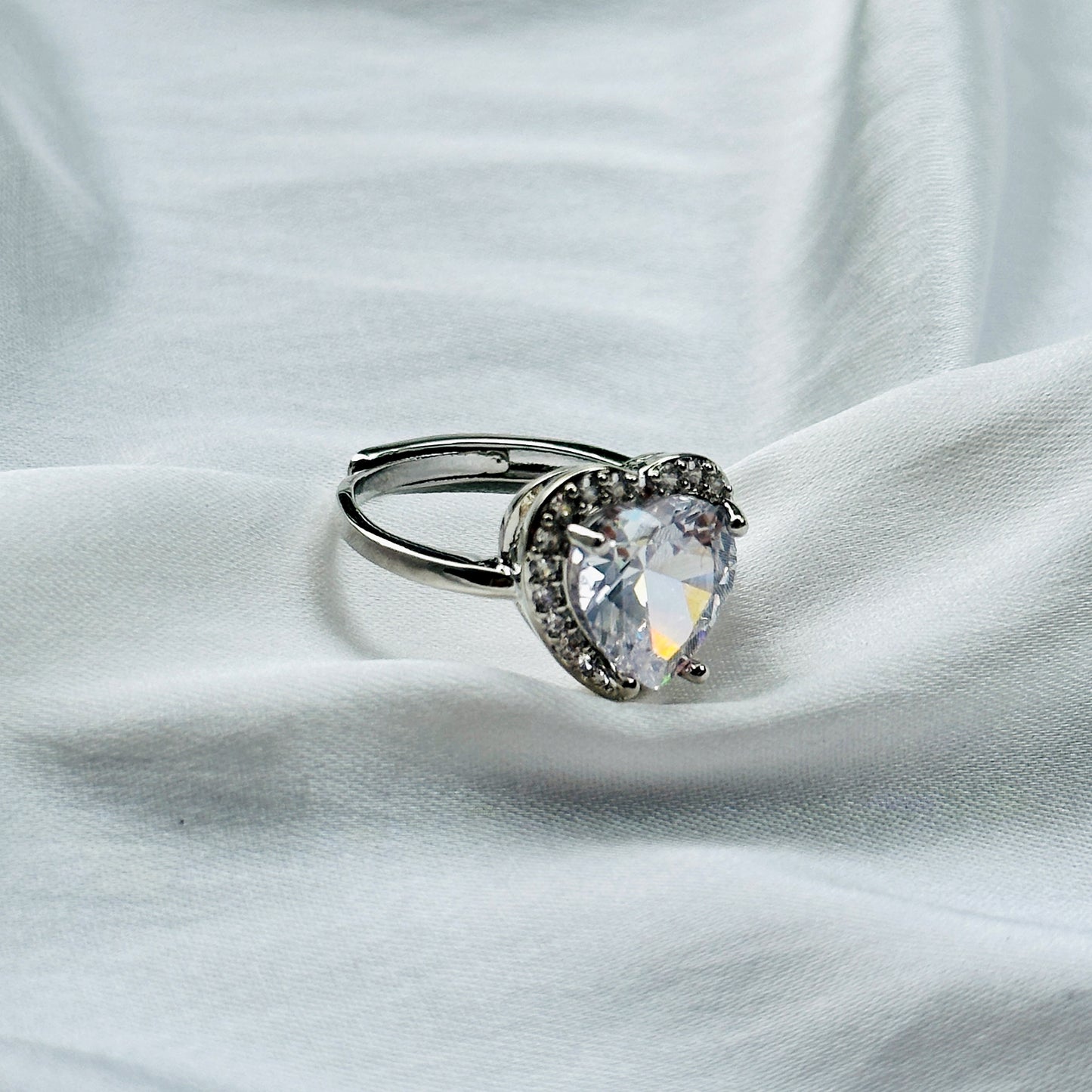 White Crystal American Diamond Ice Cut Stone American Diamond Silver Plated Adjustable Ring