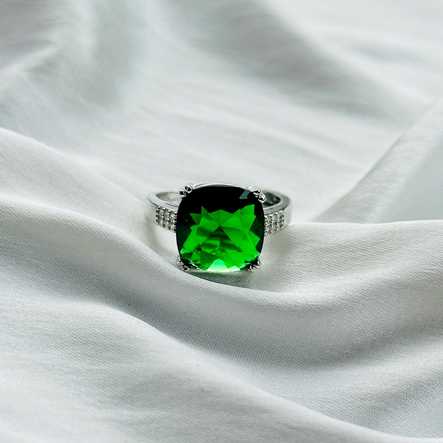 Green Emerald Cubic Zircon Ice Cut Stone American Diamond Silver Plated Adjustable Ring