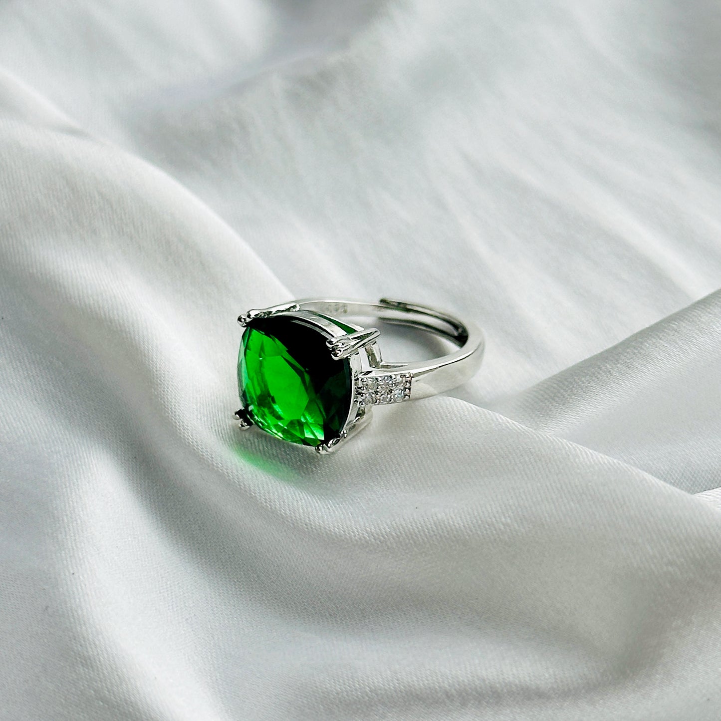 Green Emerald Cubic Zircon Ice Cut Stone American Diamond Silver Plated Adjustable Ring