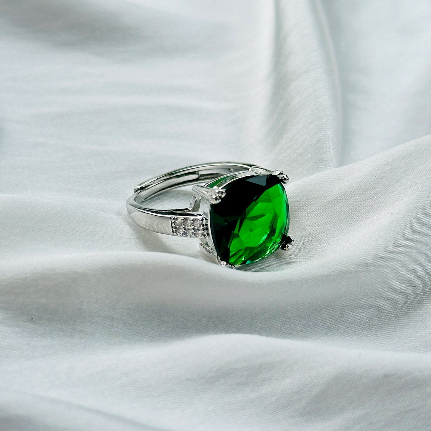 Green Emerald Cubic Zircon Ice Cut Stone American Diamond Silver Plated Adjustable Ring