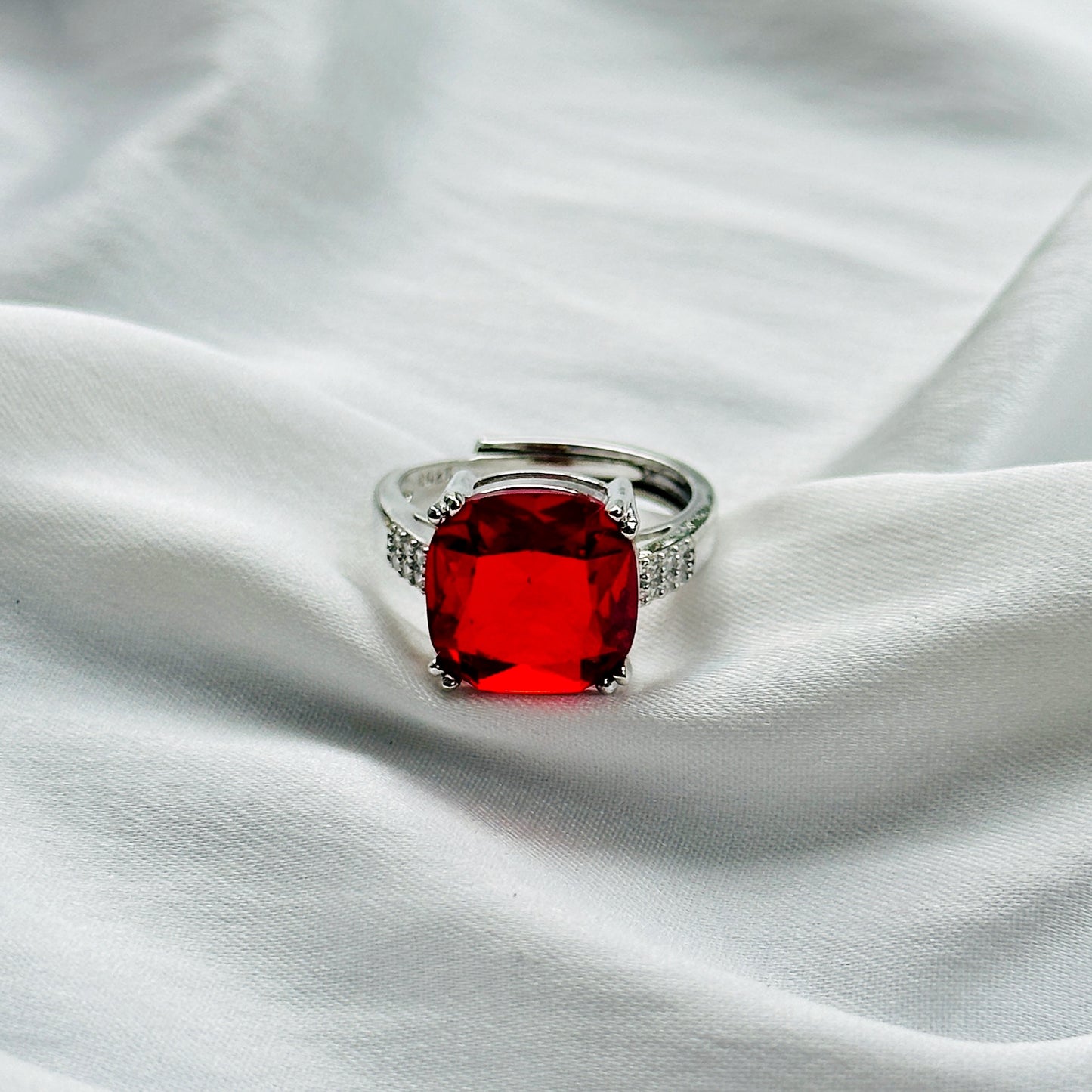 Red Ruby Cubic Zircon Ice Cut Stone American Diamond Silver Plated Adjustable Ring