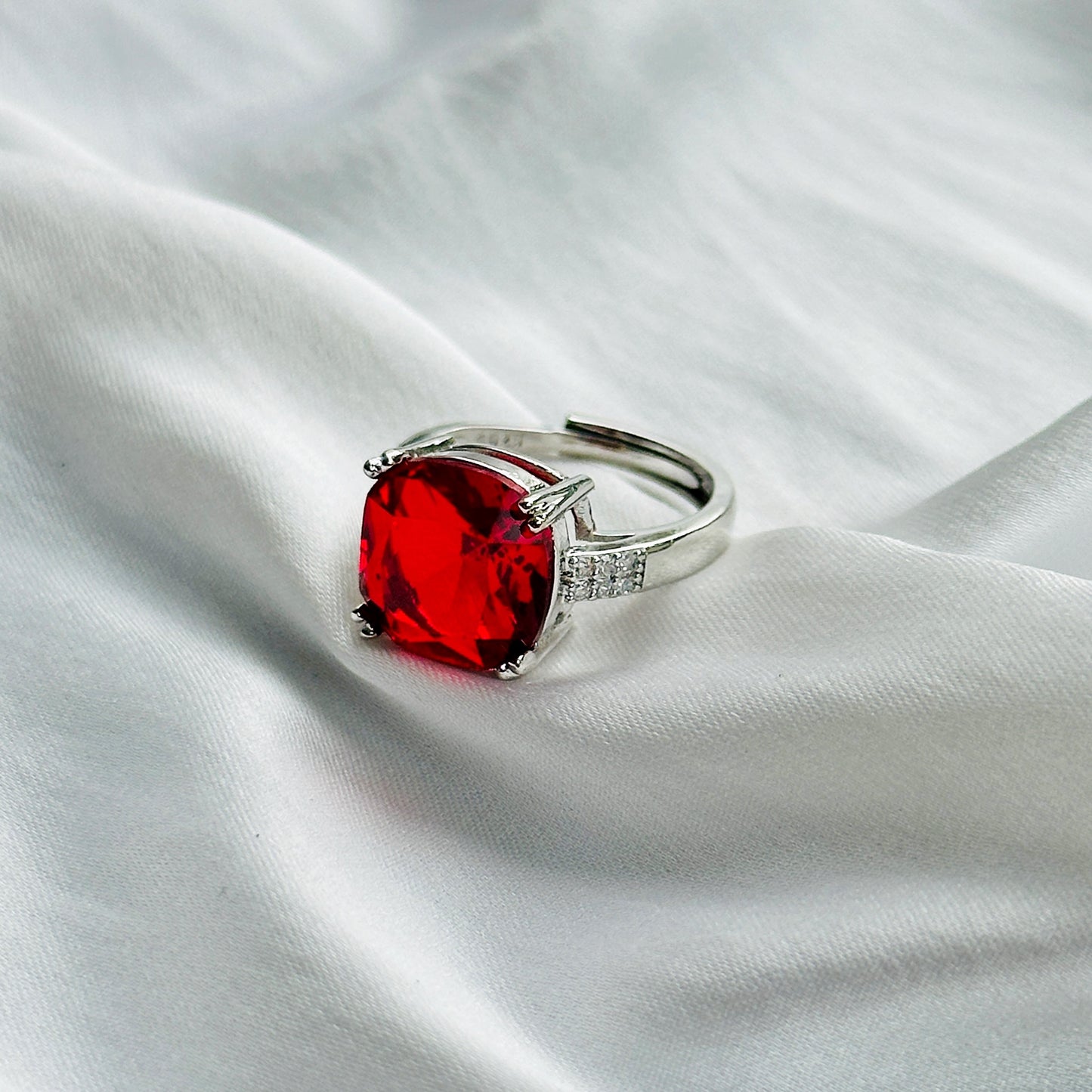 Red Ruby Cubic Zircon Ice Cut Stone American Diamond Silver Plated Adjustable Ring