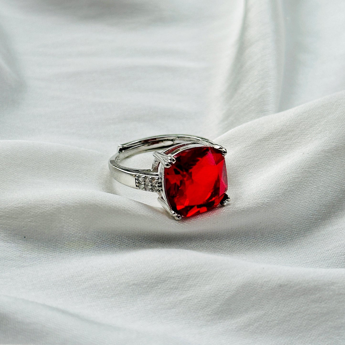 Red Ruby Cubic Zircon Ice Cut Stone American Diamond Silver Plated Adjustable Ring