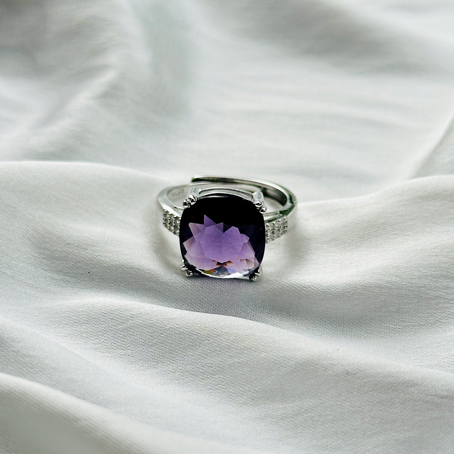 Amethyst Cubic Zircon Ice Cut Stone American Diamond Silver Plated Adjustable Ring