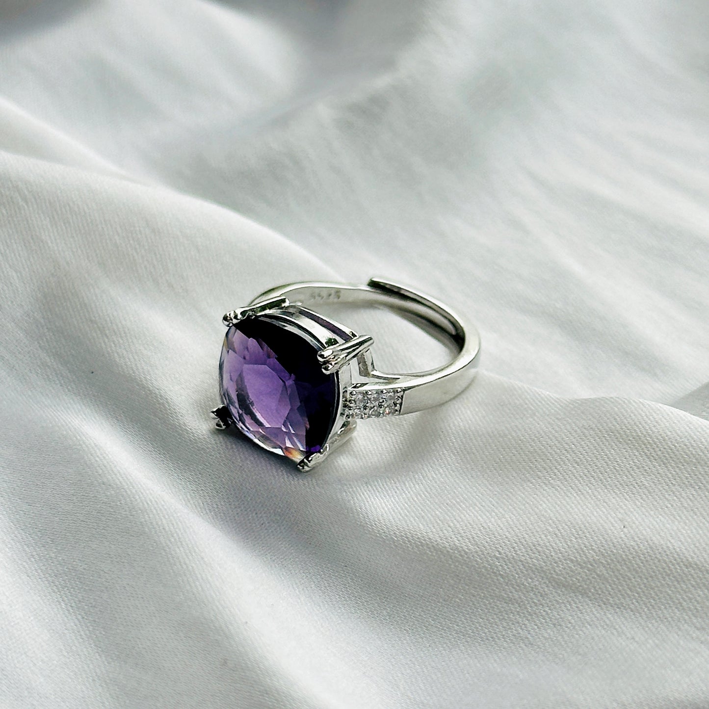 Amethyst Cubic Zircon Ice Cut Stone American Diamond Silver Plated Adjustable Ring