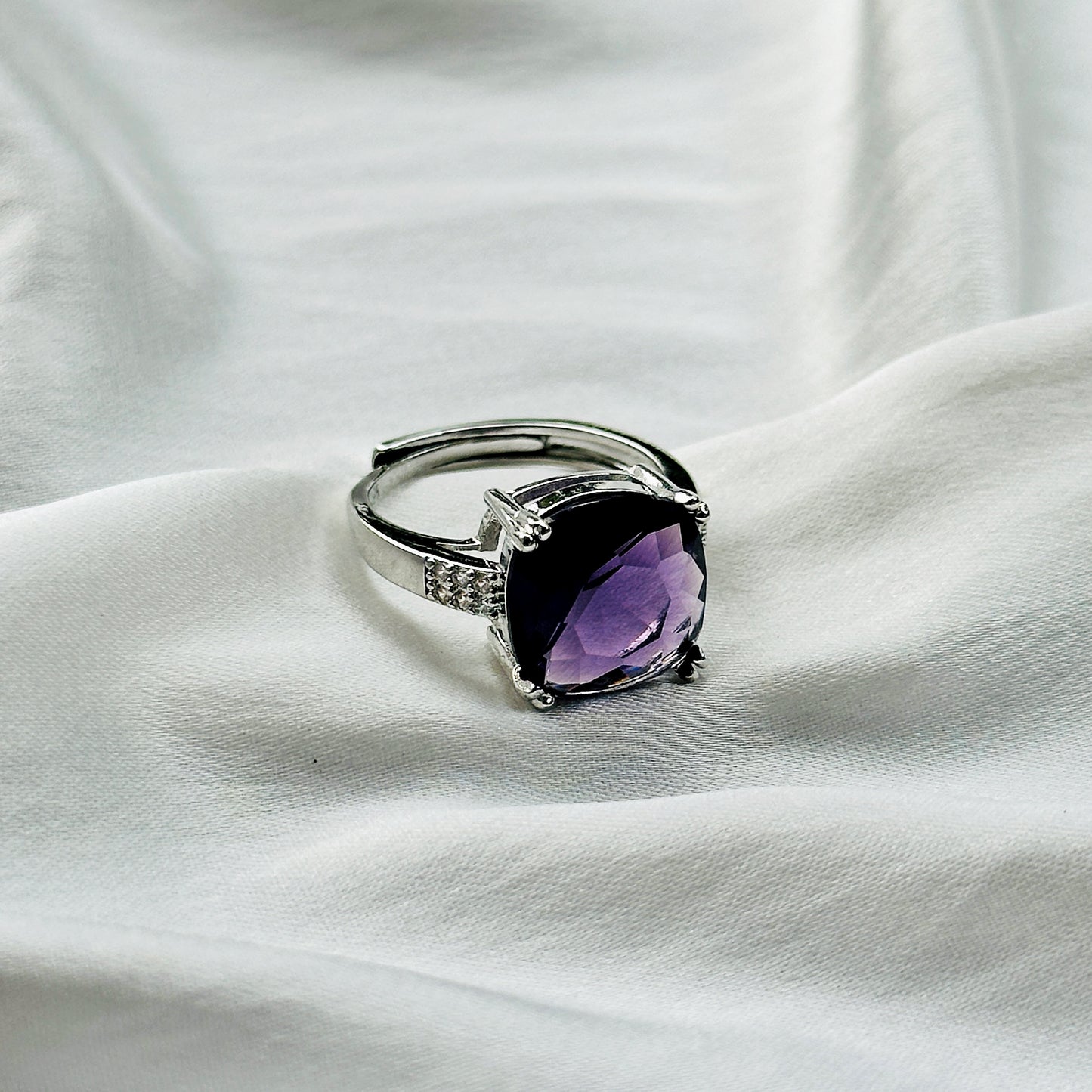 Amethyst Cubic Zircon Ice Cut Stone American Diamond Silver Plated Adjustable Ring