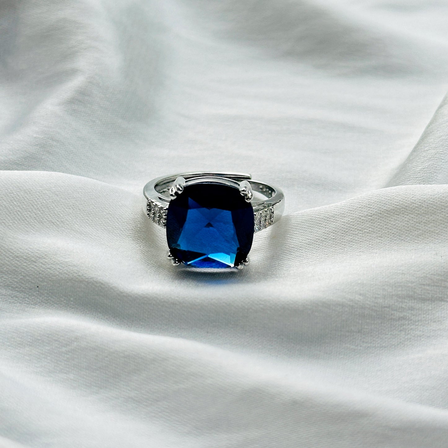 Blue Sapphire Cubic Zircon Ice Cut Stone American Diamond Silver Plated Adjustable Ring
