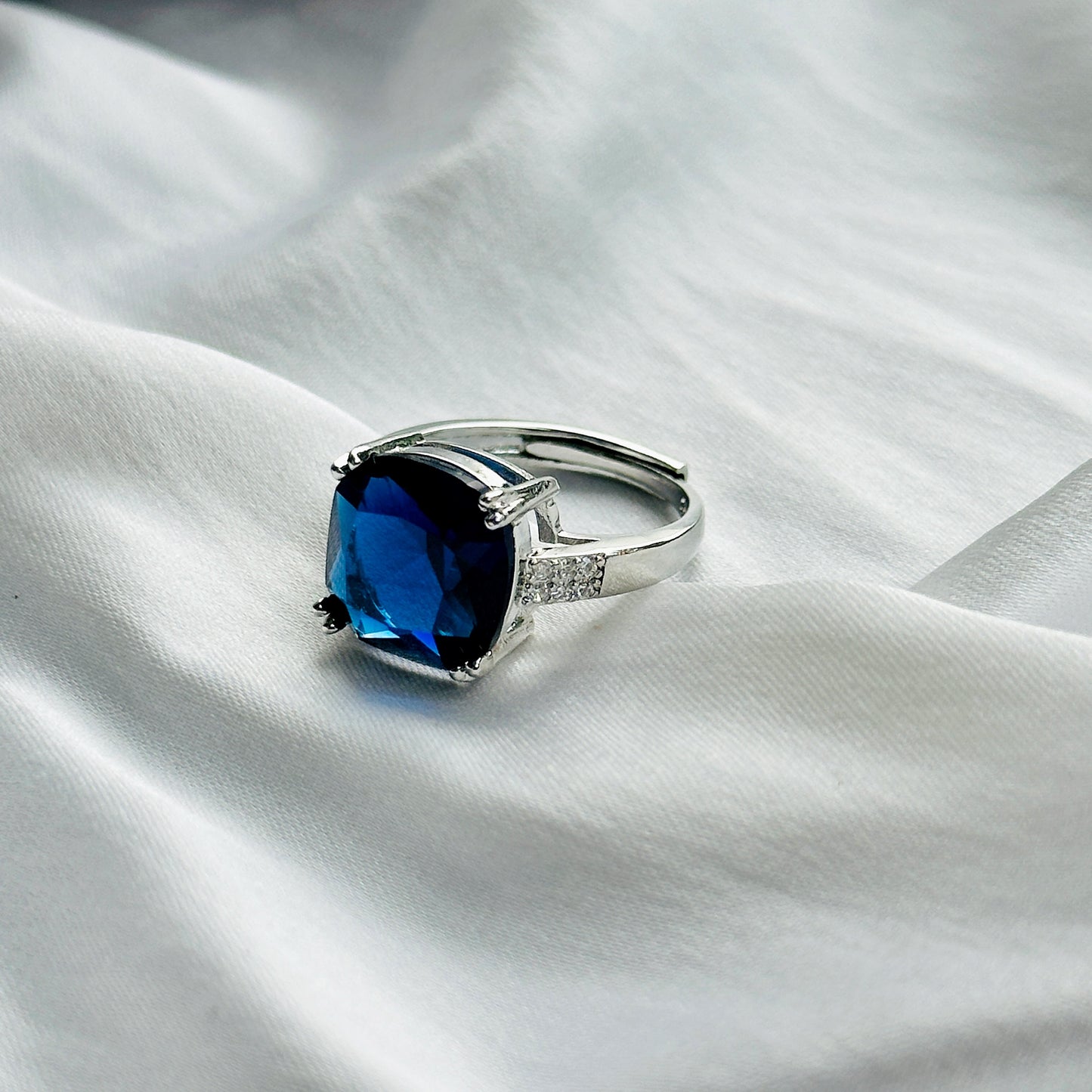 Blue Sapphire Cubic Zircon Ice Cut Stone American Diamond Silver Plated Adjustable Ring