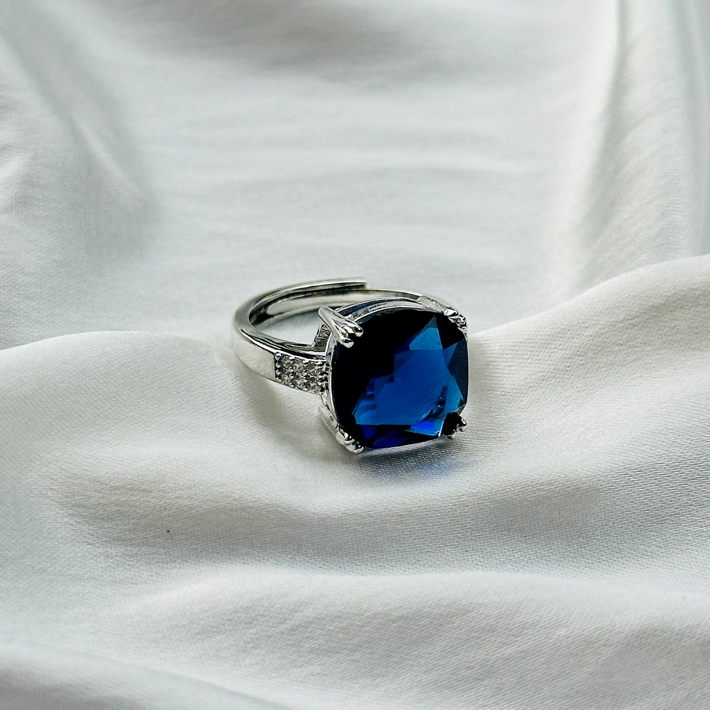 Blue Sapphire Cubic Zircon Ice Cut Stone American Diamond Silver Plated Adjustable Ring