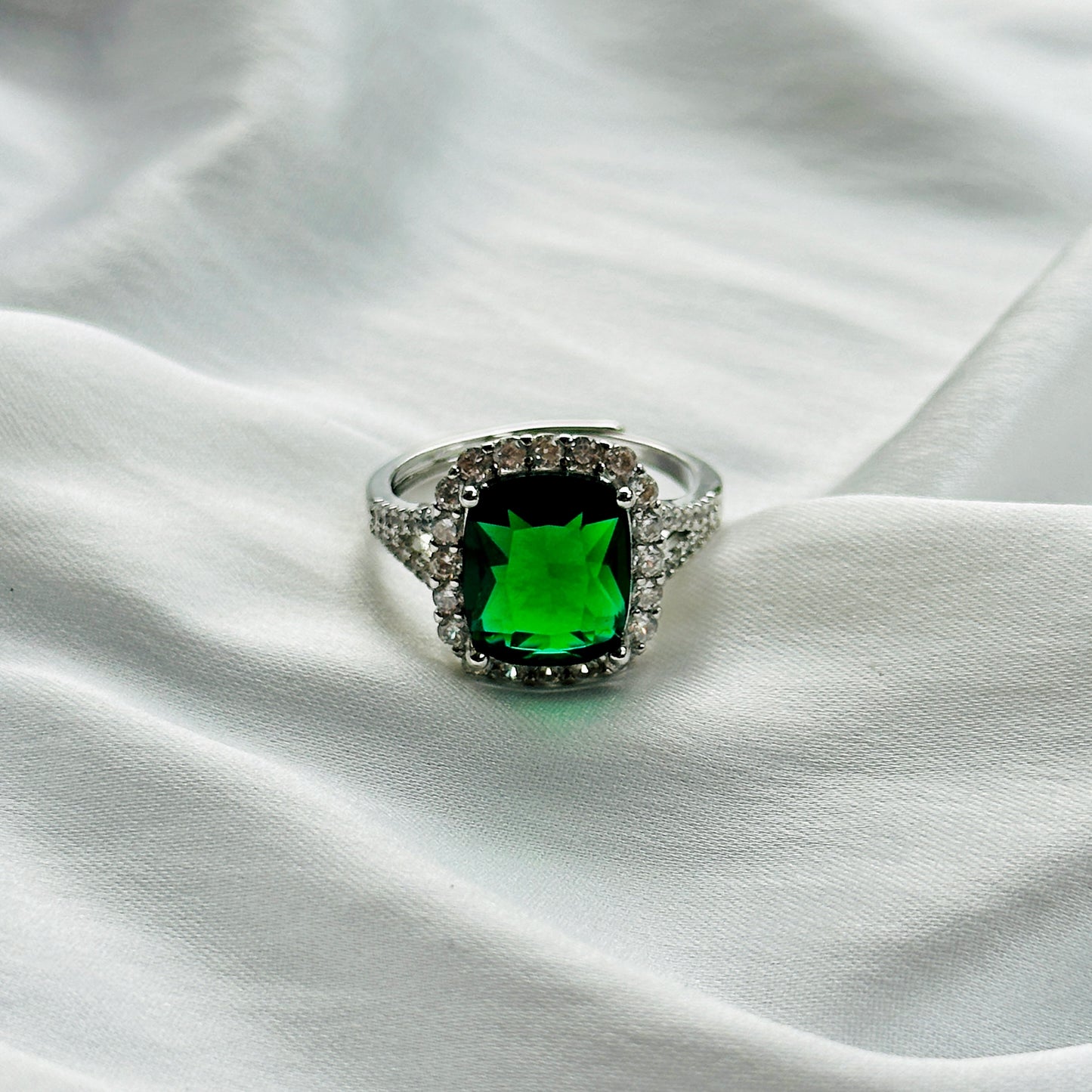 Green Emerald Cubic Zircon Ice Cut Stone American Diamond Silver Plated Adjustable Ring