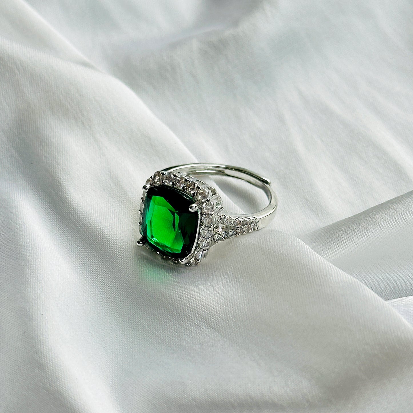 Green Emerald Cubic Zircon Ice Cut Stone American Diamond Silver Plated Adjustable Ring