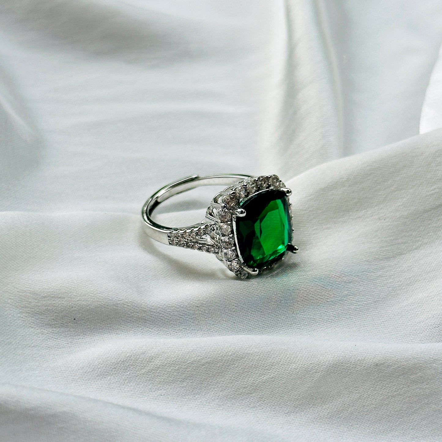 Green Emerald Cubic Zircon Ice Cut Stone American Diamond Silver Plated Adjustable Ring