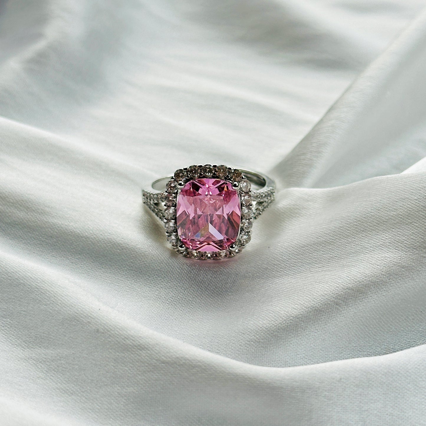 Pink Topaz Cubic Zircon Ice Cut Stone American Diamond Silver Plated Adjustable Ring