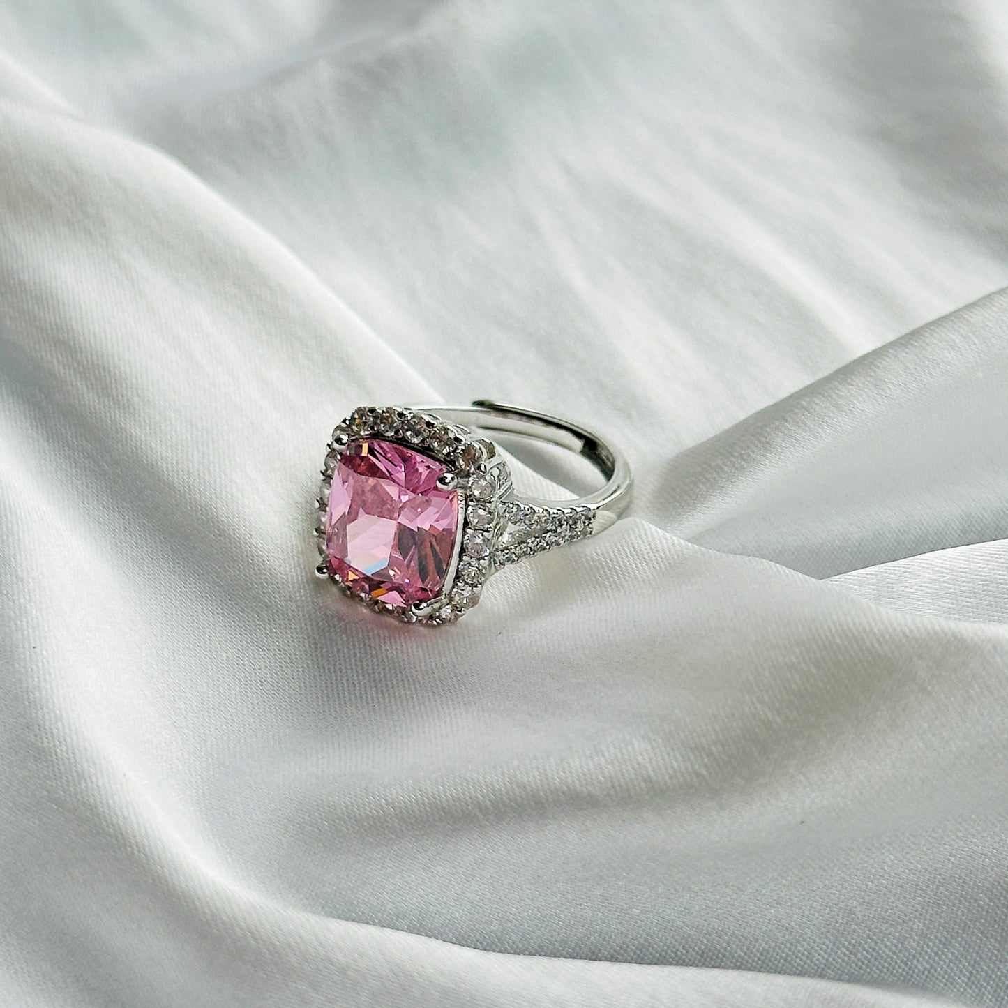 Pink Topaz Cubic Zircon Ice Cut Stone American Diamond Silver Plated Adjustable Ring