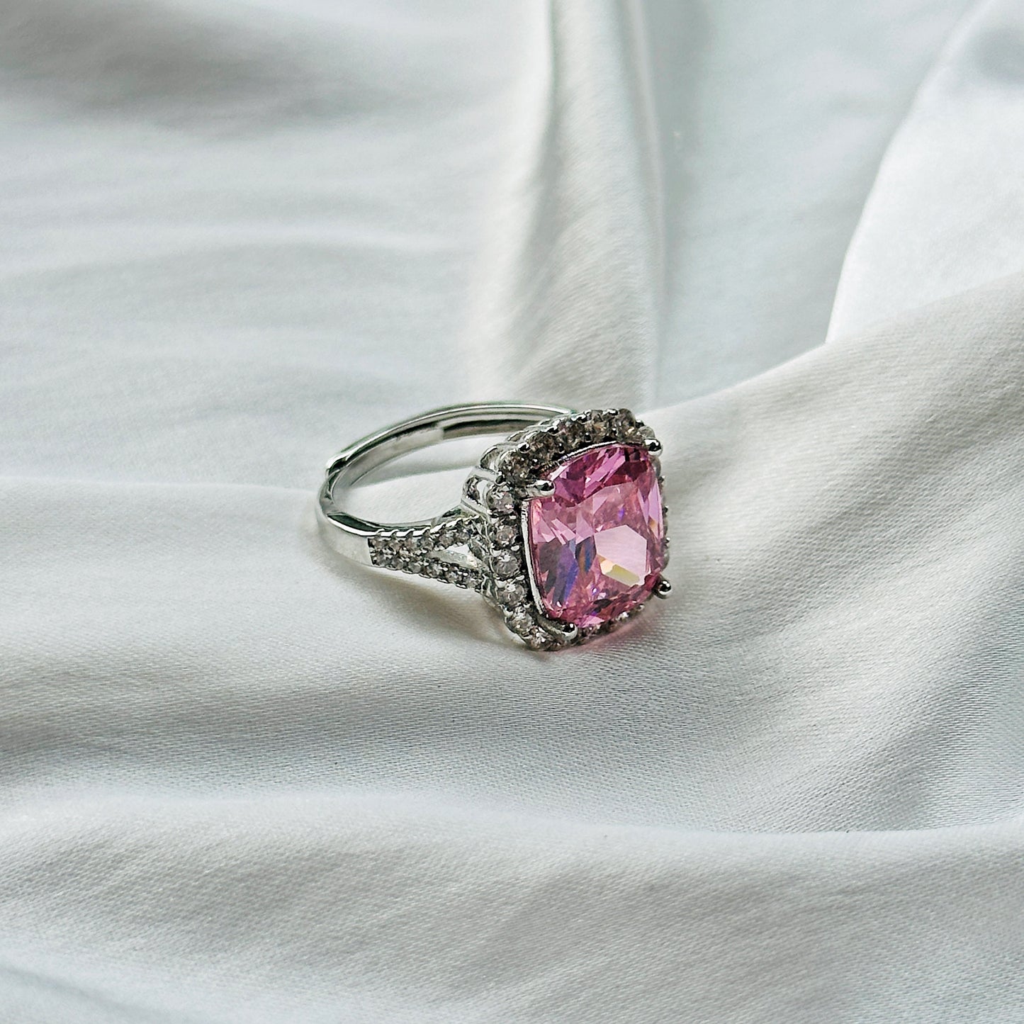 Pink Topaz Cubic Zircon Ice Cut Stone American Diamond Silver Plated Adjustable Ring