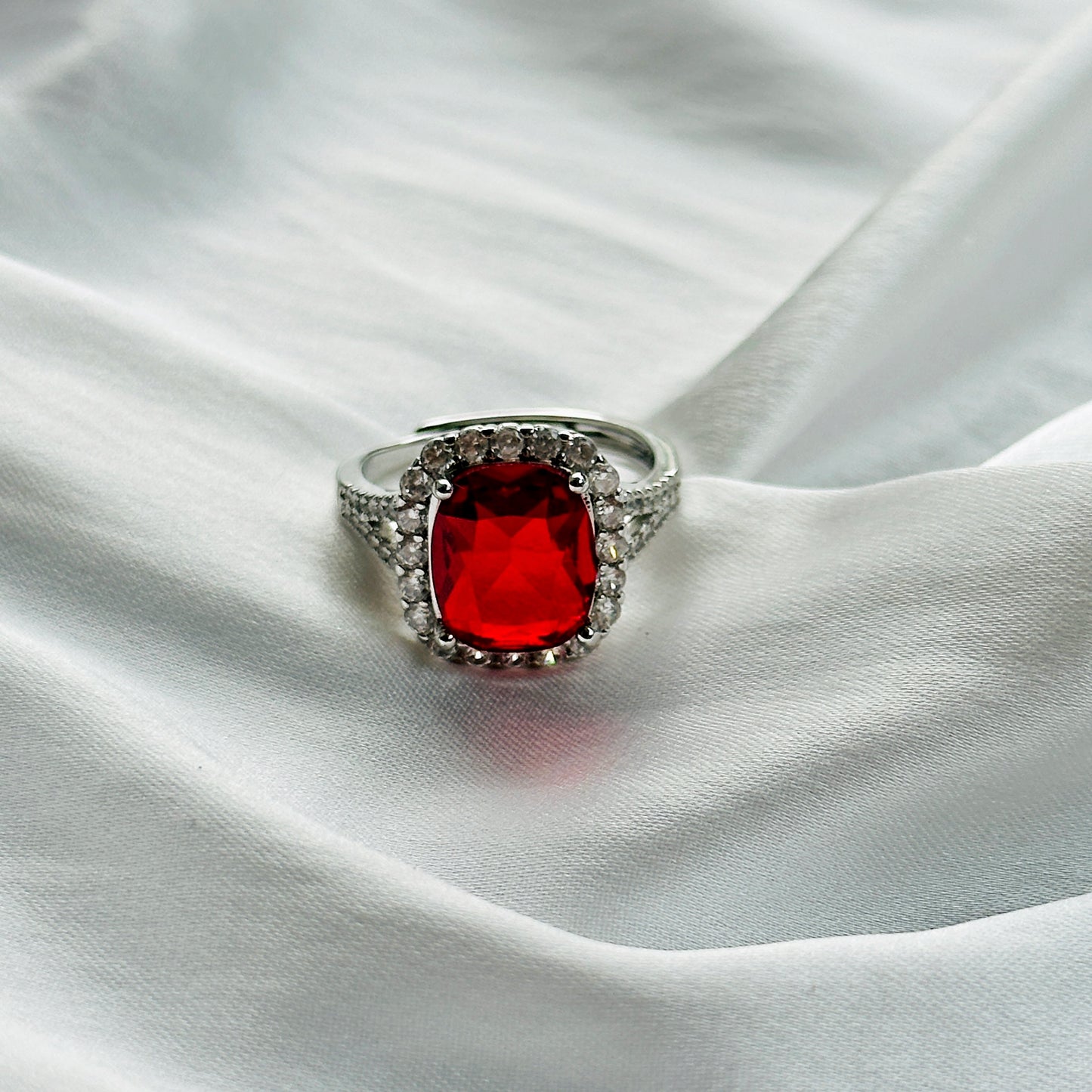 Red Ruby Cubic Zircon Ice Cut Stone American Diamond Silver Plated Adjustable Ring