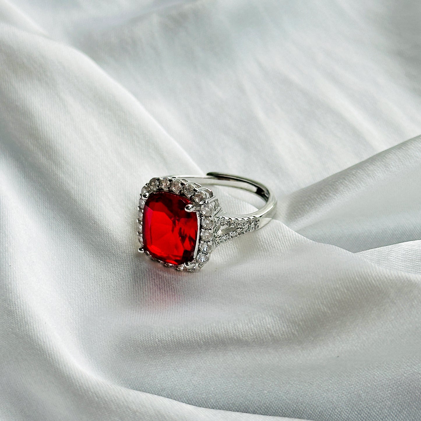 Red Ruby Cubic Zircon Ice Cut Stone American Diamond Silver Plated Adjustable Ring