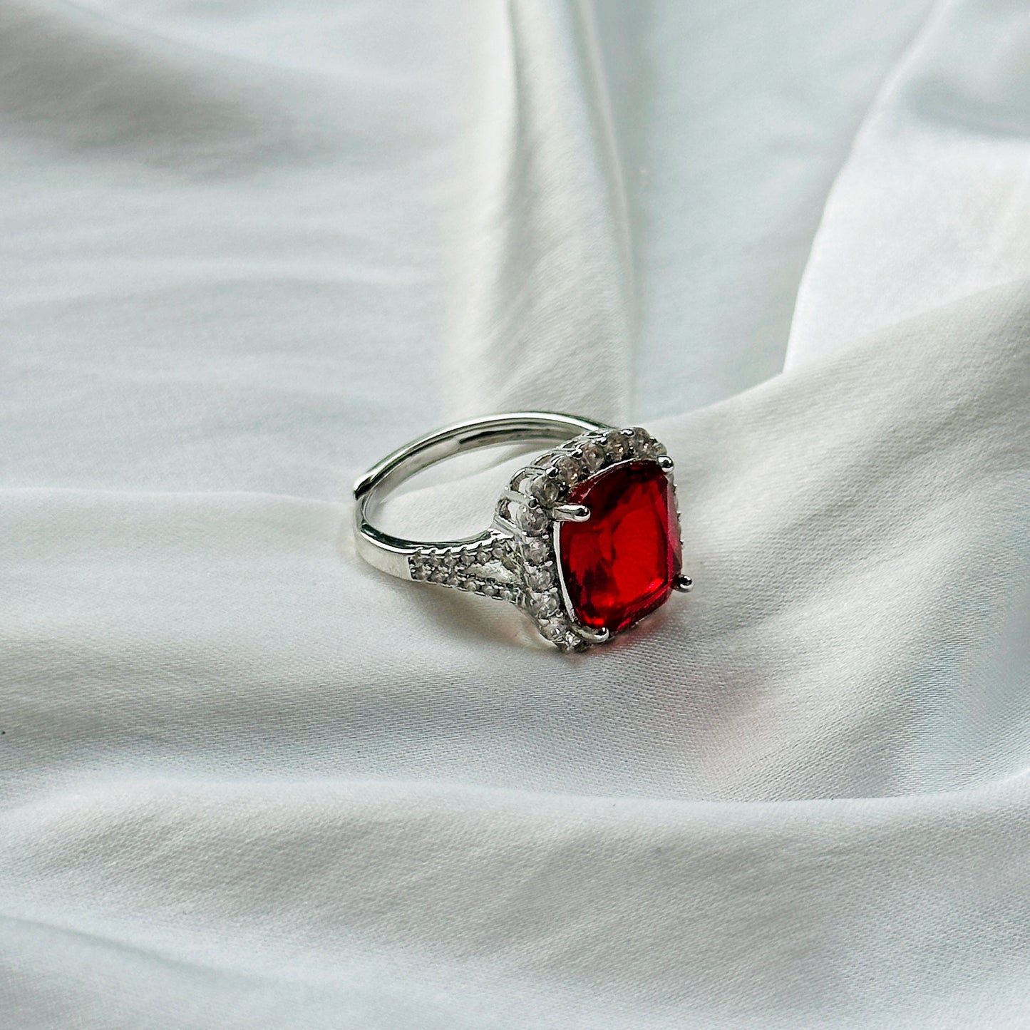 Red Ruby Cubic Zircon Ice Cut Stone American Diamond Silver Plated Adjustable Ring