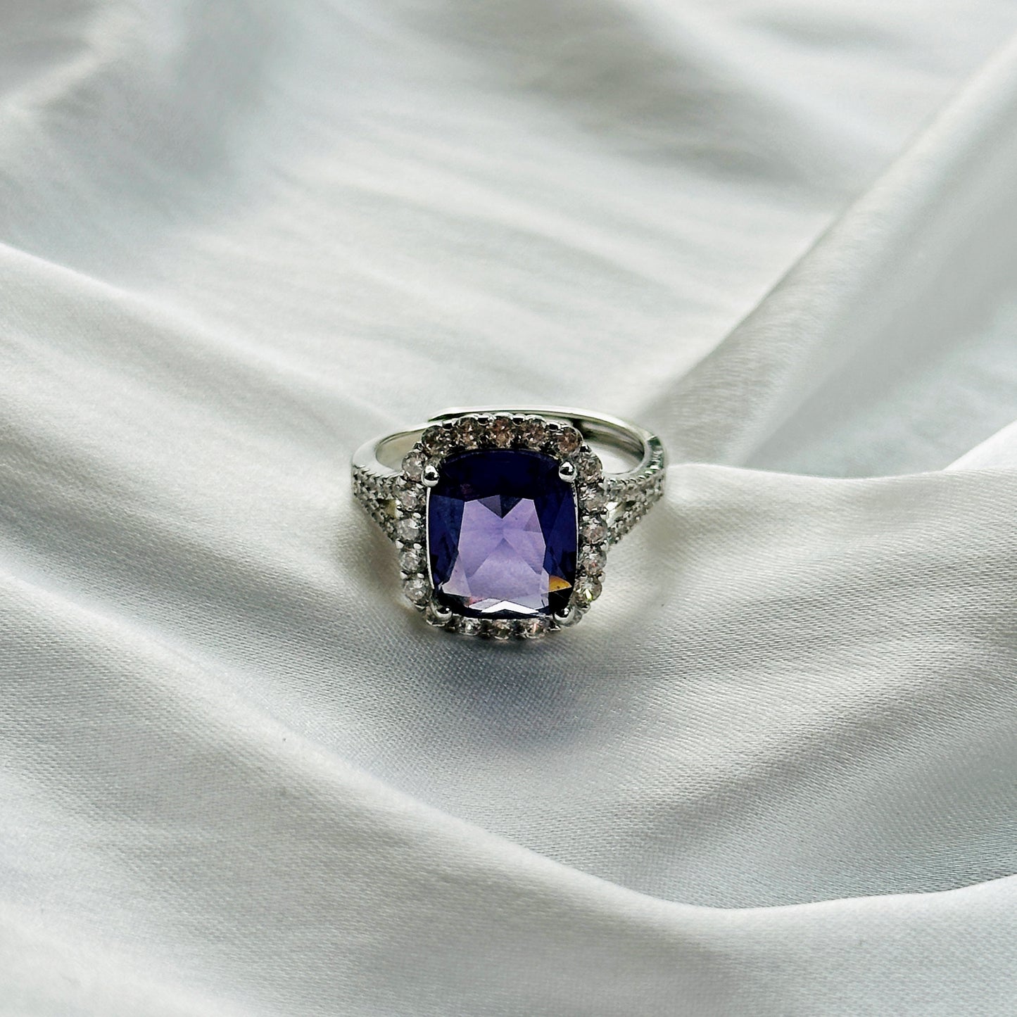 Amethyst Cubic Zircon Ice Cut Stone American Diamond Silver Plated Adjustable Ring