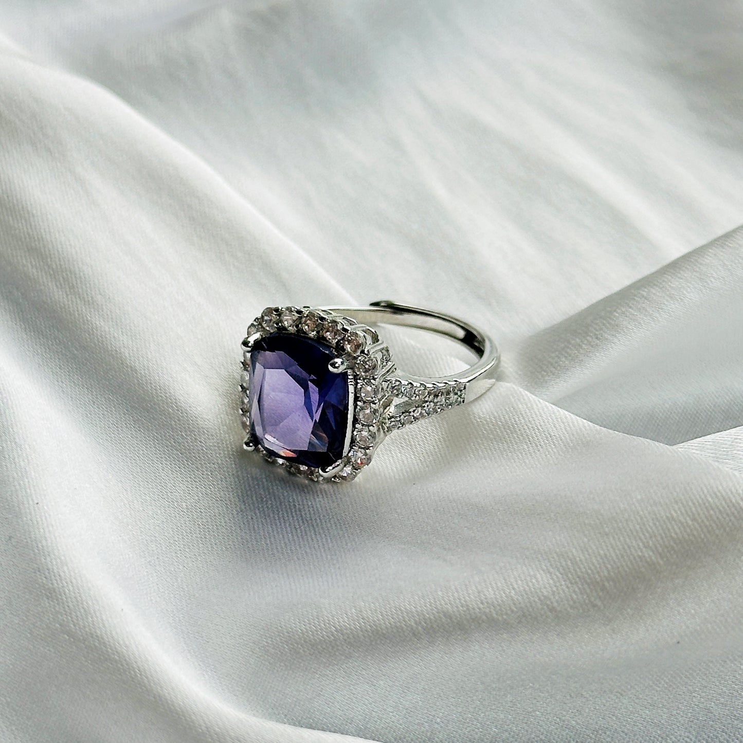 Amethyst Cubic Zircon Ice Cut Stone American Diamond Silver Plated Adjustable Ring