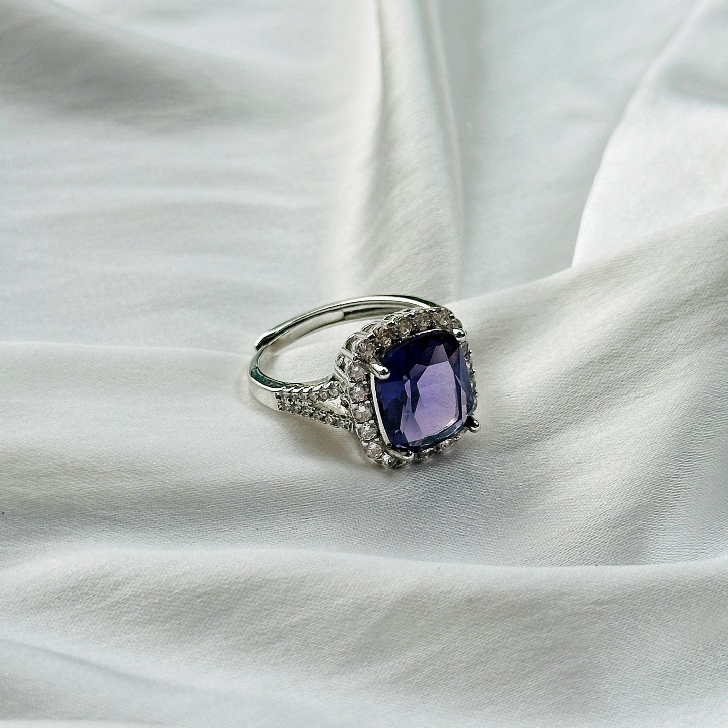 Amethyst Cubic Zircon Ice Cut Stone American Diamond Silver Plated Adjustable Ring