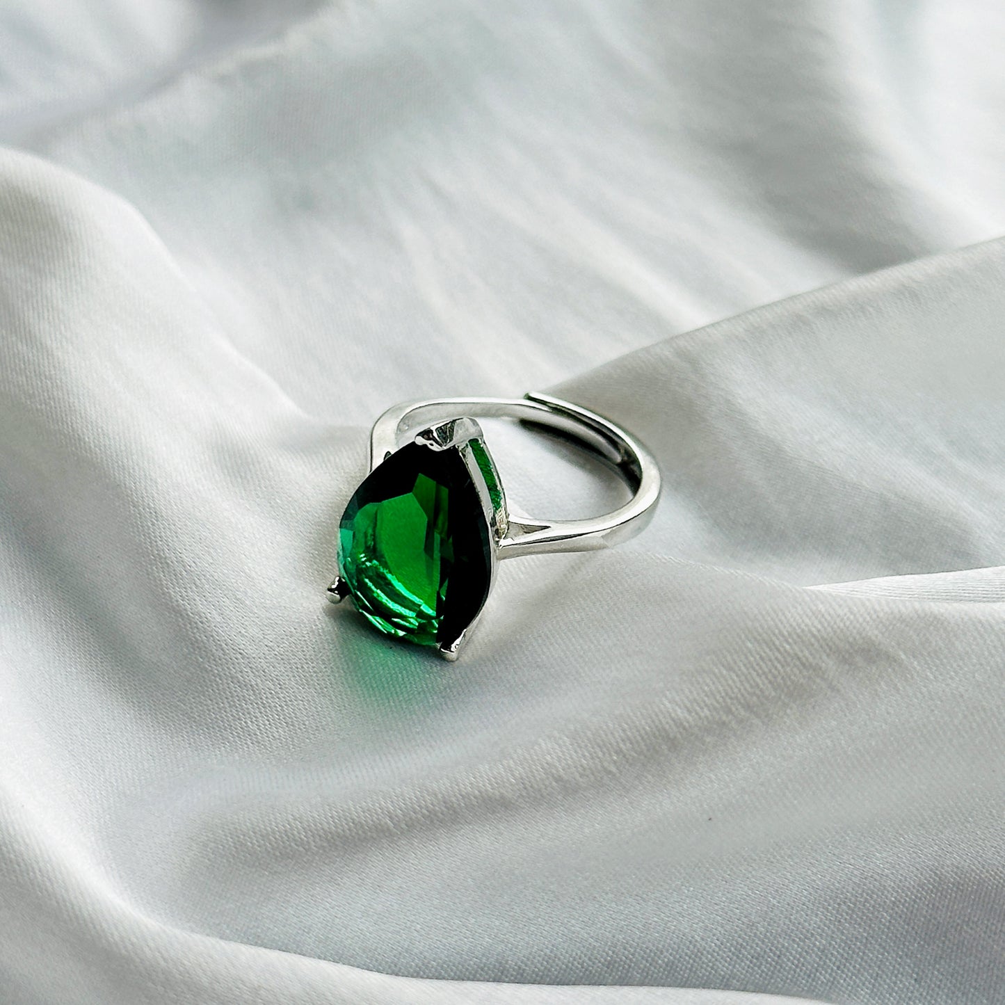 Green Emerald Cubic Zircon Ice Cut Stone Silver Plated Adjustable Ring