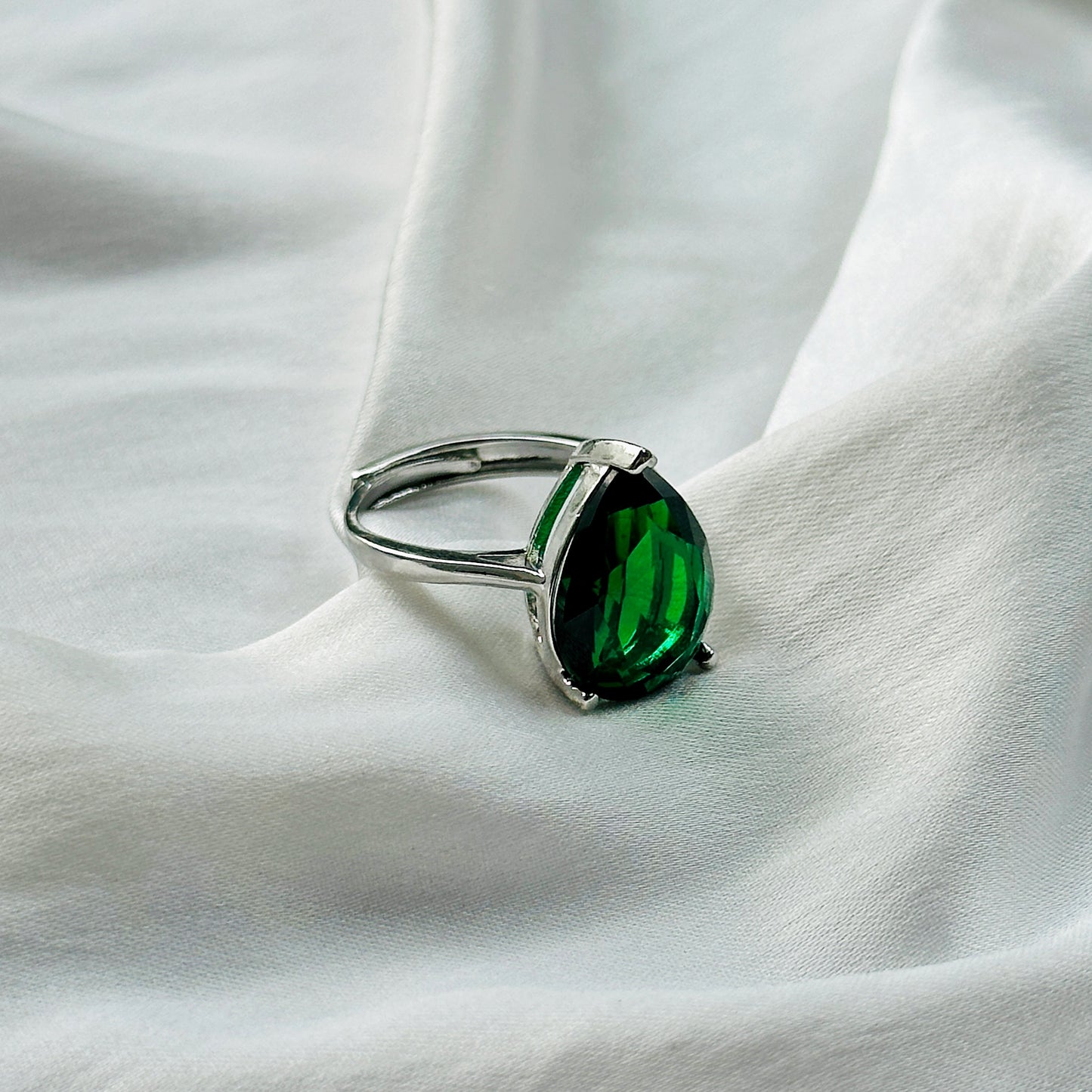 Green Emerald Cubic Zircon Ice Cut Stone Silver Plated Adjustable Ring