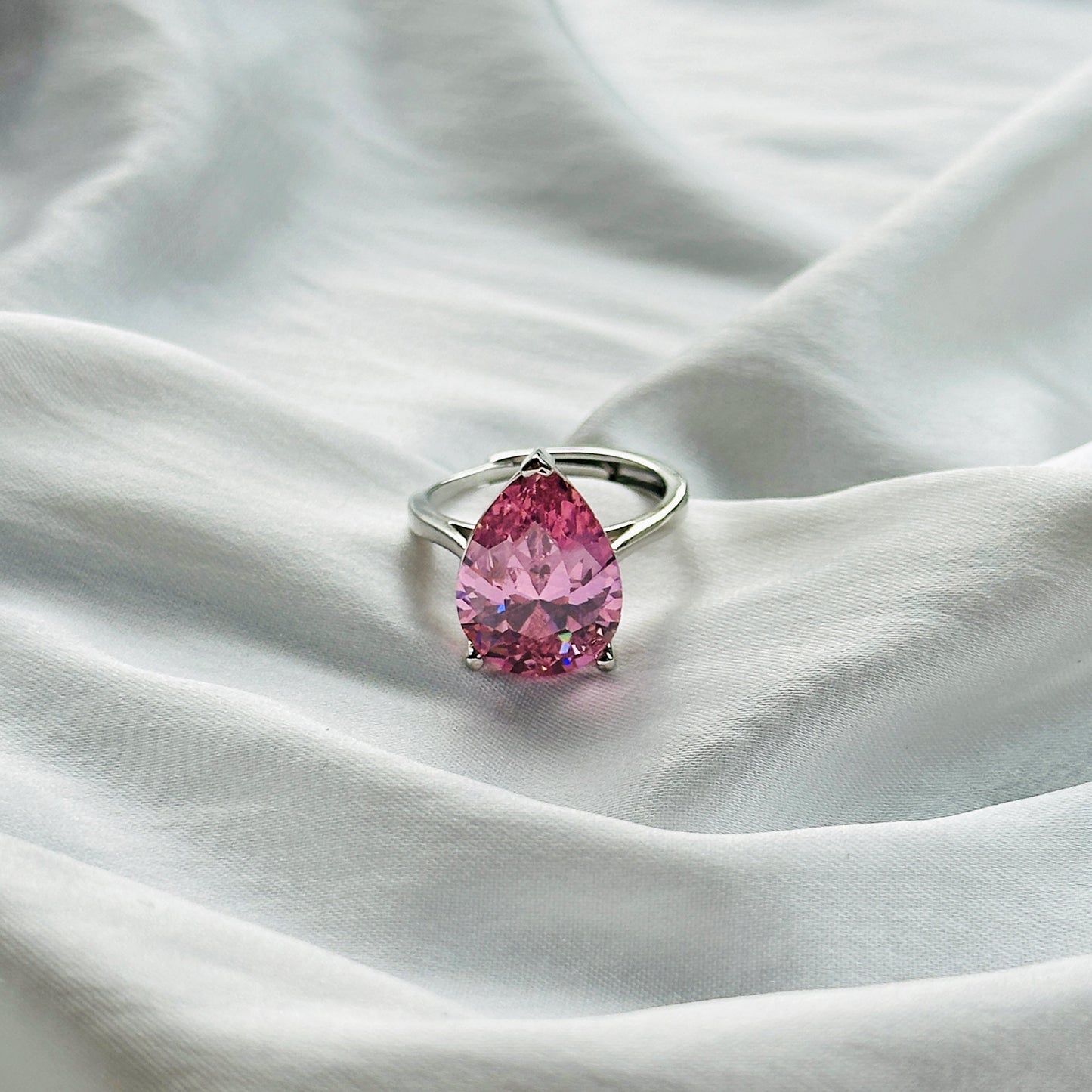 Pink Topaz Cubic Zircon Ice Cut Stone Silver Plated Adjustable Ring