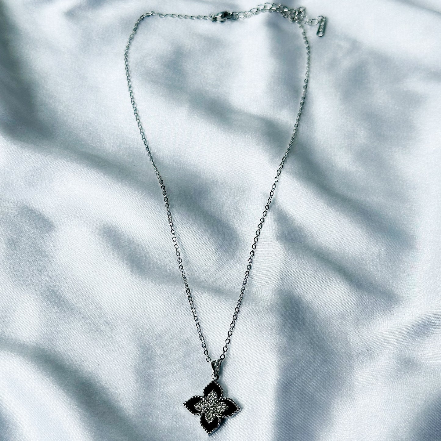 Flower Design American Diamond Black/Silver Plated Stainless Steel Necklace