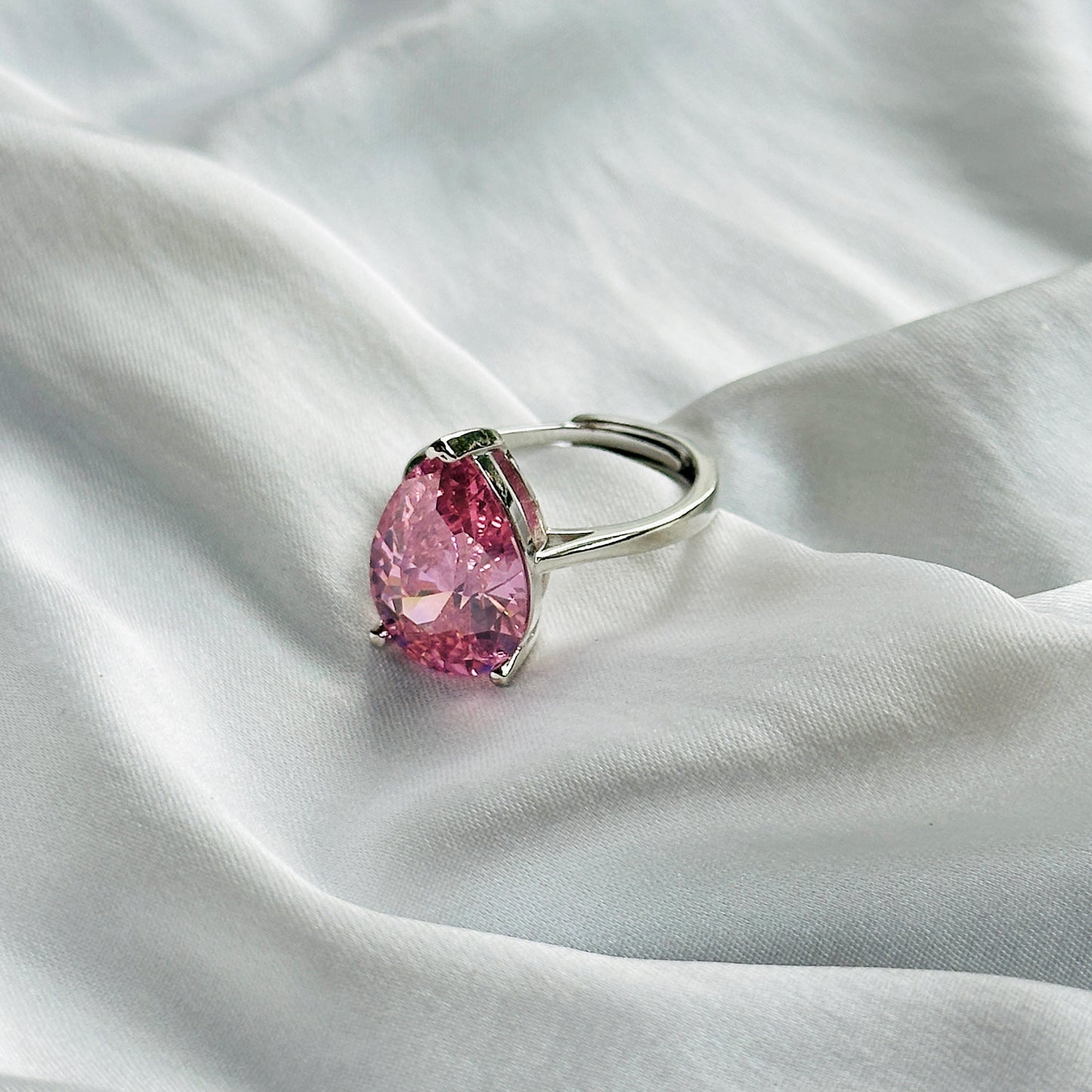 Pink Topaz Cubic Zircon Ice Cut Stone Silver Plated Adjustable Ring