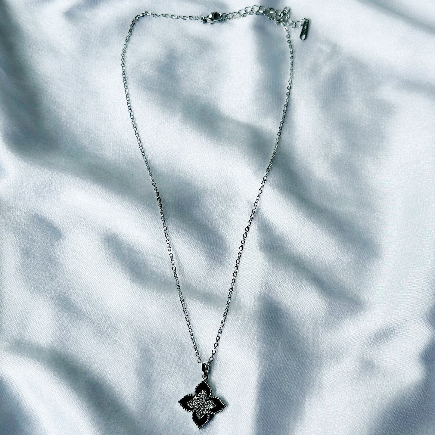 Flower Design American Diamond Black/Silver Plated Stainless Steel Necklace