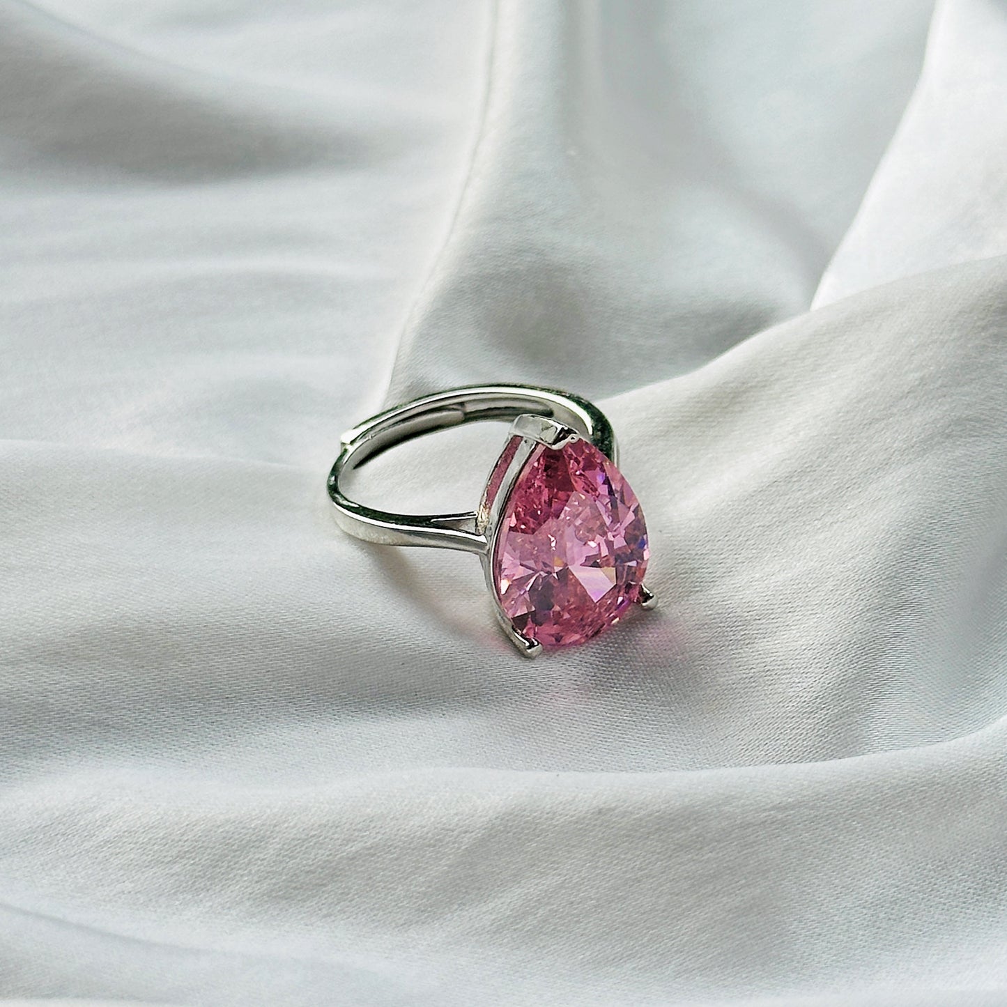 Pink Topaz Cubic Zircon Ice Cut Stone Silver Plated Adjustable Ring