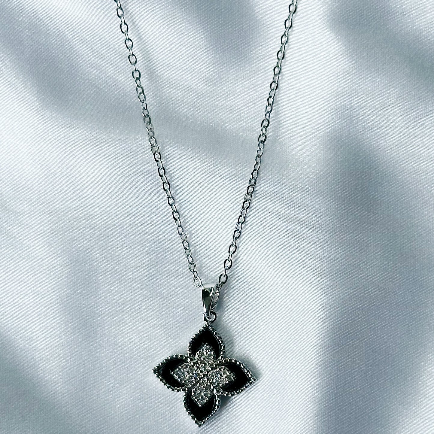 Flower Design American Diamond Black/Silver Plated Stainless Steel Necklace