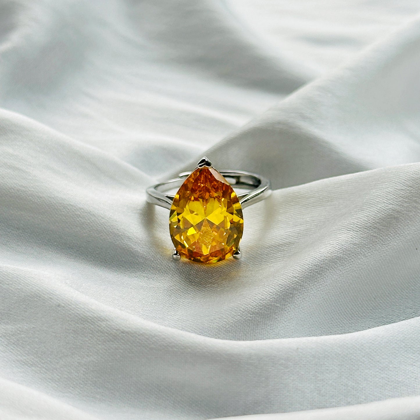 Yellow Topaz Cubic Zircon Ice Cut Stone Silver Plated Adjustable Ring