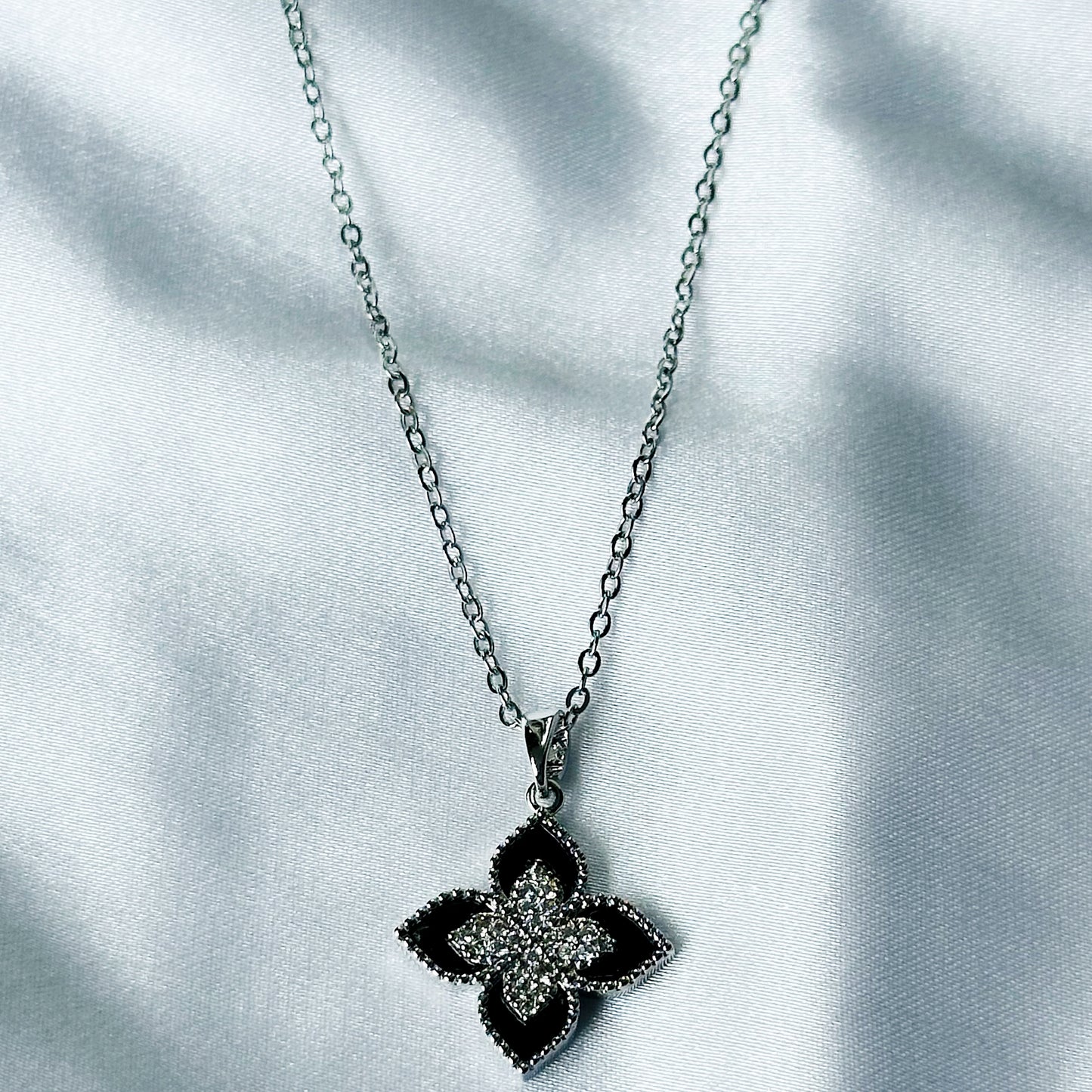Flower Design American Diamond Black/Silver Plated Stainless Steel Necklace