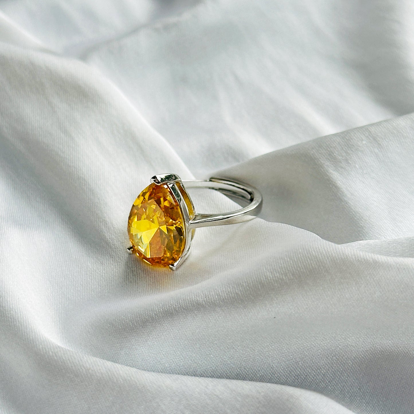 Yellow Topaz Cubic Zircon Ice Cut Stone Silver Plated Adjustable Ring