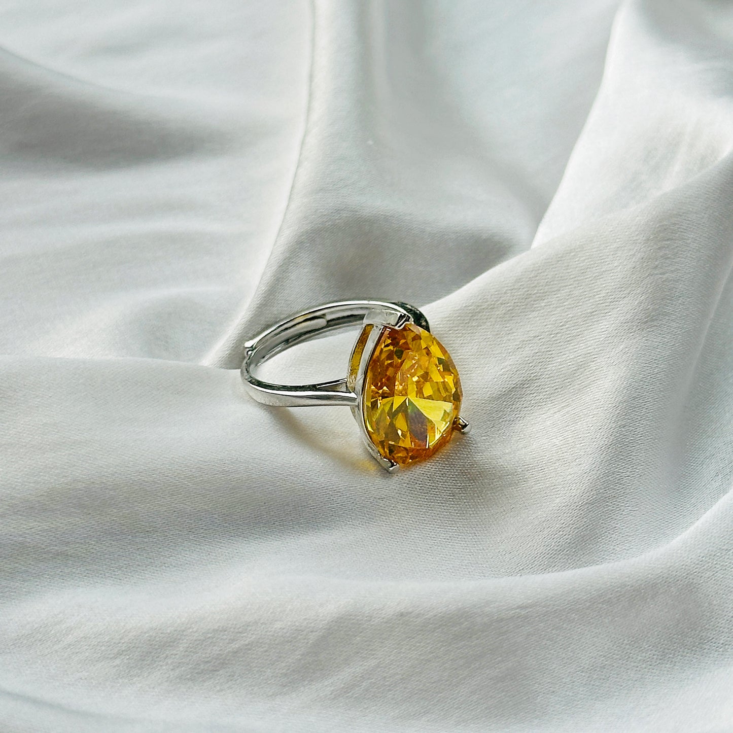 Yellow Topaz Cubic Zircon Ice Cut Stone Silver Plated Adjustable Ring