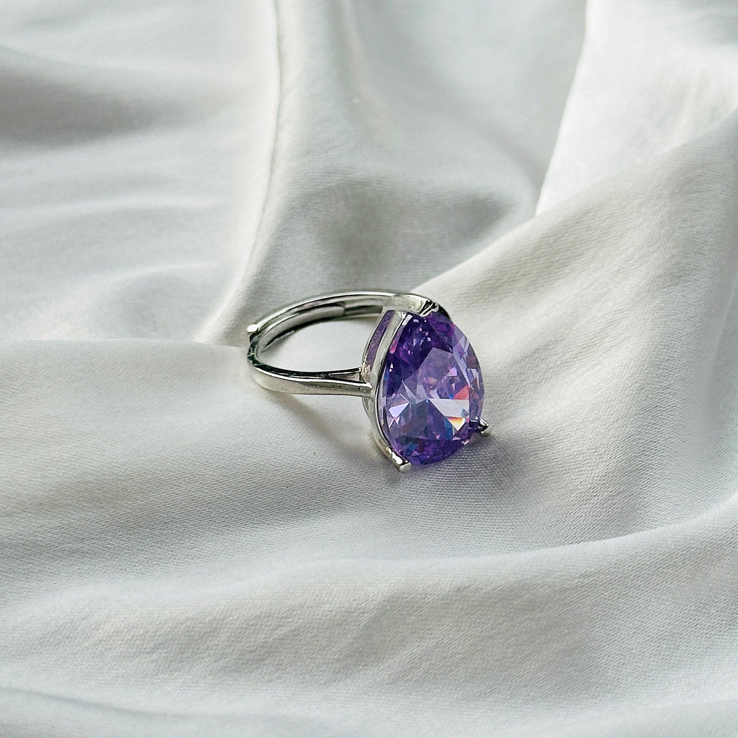 Light Amethyst Cubic Zircon Ice Cut Stone Silver Plated Adjustable Ring