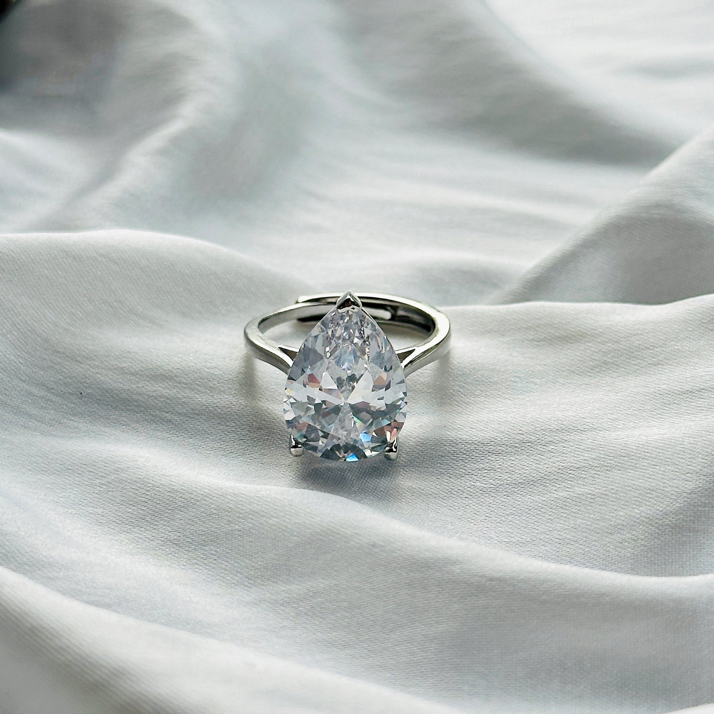American Diamond Ice Cut Stone Silver Plated Adjustable Ring