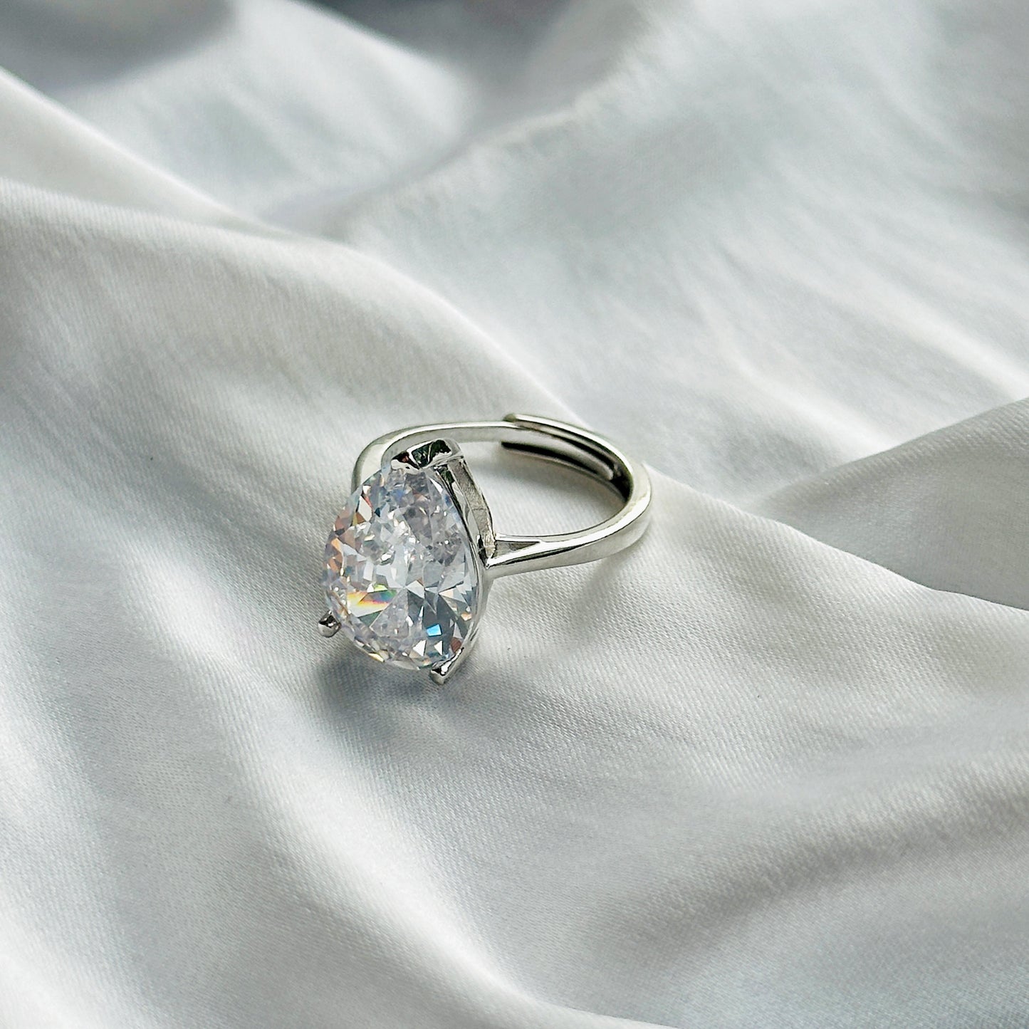 American Diamond Ice Cut Stone Silver Plated Adjustable Ring